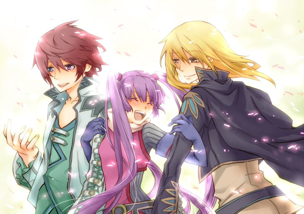 keika, asbel lhant, richard (tales), sophie (tales), tales of (series), tales of graces, bad id, bad pixiv id, 1girl, 2boys, blonde hair, blue eyes, brown hair, cape, green shirt, heterochromia, multiple boys, purple hair, red eyes, shirt, twintails, yellow eyes