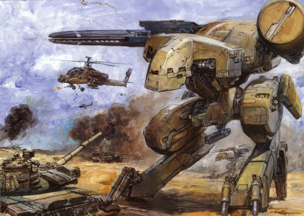 takani yoshiyuki, metal gear rex, konami, metal gear (series), metal gear solid, vehicle, official art, ah-64 apache, aircraft, attack helicopter, autocannon, battle, cannon, desert, directed-energy weapon, energy cannon, energy weapon, epic, free-electron laser cannon, gau-8 avenger, gun, helicopter, laser cannon, laser weapon, machine gun, magnetic weapon, mecha, mecha focus, military, military vehicle, motor vehicle, no humans, radome, railgun, robot, rotary cannon, science fiction, smoke, tank, war, weapon, xgau-8r