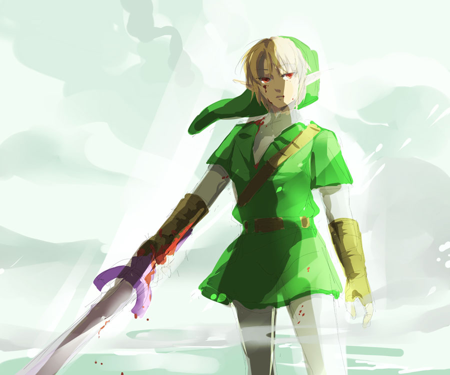 muse (rainforest), link, nintendo, the legend of zelda, 1boy, blonde hair, blood, gloves, male focus, master sword, pointy ears, red eyes, solo, sword, weapon