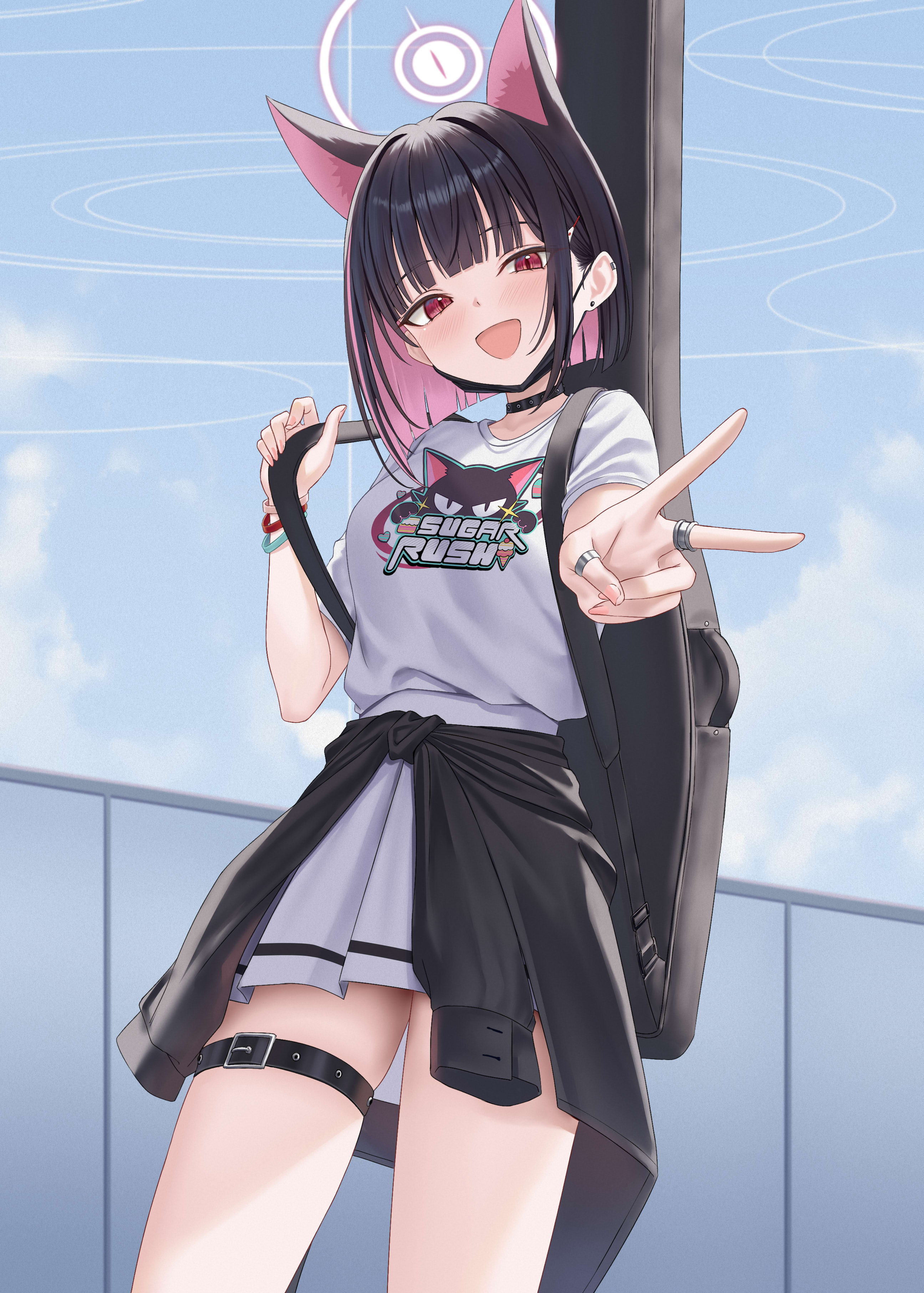 rama (yu-light8), kazusa (band) (blue archive), kazusa (blue archive), blue archive, comiket 107, absurdres, commentary request, highres, 1girl, :d, animal ears, black hair, black jacket, blue sky, cat ears, clothes around waist, clothes writing, cloud, day, ear piercing, earrings, hair ornament, hairclip, halo, hand up, instrument case, instrument on back, jacket, jacket around waist, jewelry, long sleeves, looking at viewer, multicolored hair, nail polish, open mouth, outdoors, outstretched arm, piercing, pink hair, pink nails, pleated skirt, puffy long sleeves, puffy sleeves, red eyes, ring, ring of light (blue archive), shirt, short hair, short sleeves, skirt, sky, smile, solo, stud earrings, two-tone hair, v, white shirt, white skirt
