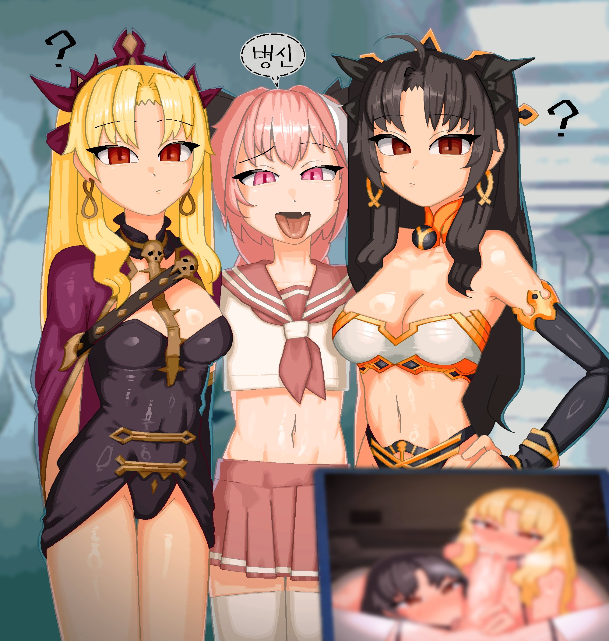 rov ender, astolfo (fate), ereshkigal (fate), ishtar (fate), fate/grand order, fate (series), commentary, english commentary, highres, 1boy, 2girls, ?, bandeau, black dress, black sleeves, blonde hair, breasts, cellphone, cloak, detached sleeves, dress, earrings, fang, fellatio, hallway, headdress, jewelry, korean text, large breasts, looking at viewer, multiple girls, oral, phone, pink eyes, pink hair, pink sailor collar, pink skirt, pov, pov crotch, red cloak, red eyes, sailor collar, school uniform, serafuku, skin fang, skirt, speech bubble, tongue, tongue out, trap