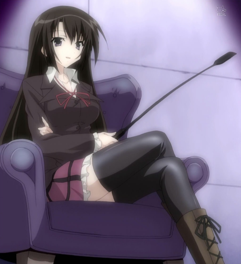 akaba chizuru, seitokai no ichizon, anime screenshot, stitched, third-party edit, 00s, 1girl, crossed legs, female focus, riding crop, school uniform, screen, sitting, skirt, solo, thighhighs, zettai ryouiki