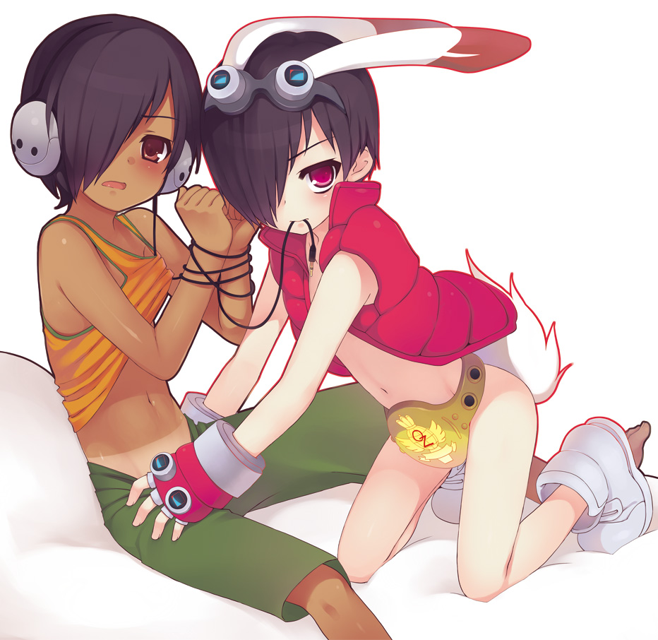nemunemu (candy paddle), ikezawa kazuma, king kazma, summer wars, bad id, bad pixiv id, 00s, 2boys, androgynous, animal ears, bottomless, dual persona, goggles, goggles on head, hair over one eye, headphones, male focus, mouth hold, multiple boys, rabbit ears, rabbit tail, shota, tail, yaoi