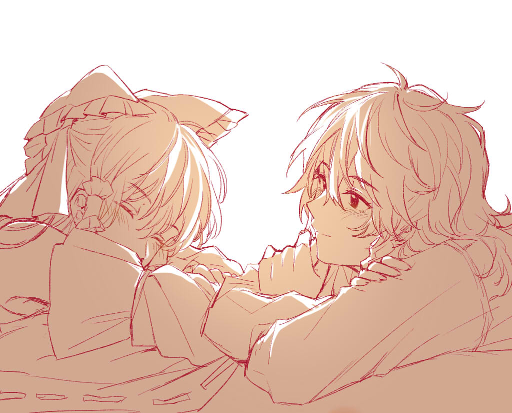 hitte5416, hakurei reimu, kirisame marisa, touhou, chinese commentary, commentary request, 2girls, blush, bow, braid, closed mouth, crossed arms, detached sleeves, frilled bow, frilled hair tubes, frills, hair bow, hair tubes, long hair, long sleeves, looking at another, monochrome, multiple girls, no headwear, shirt, side braid, simple background, single braid, sleeping, white background, yellow theme, yuri