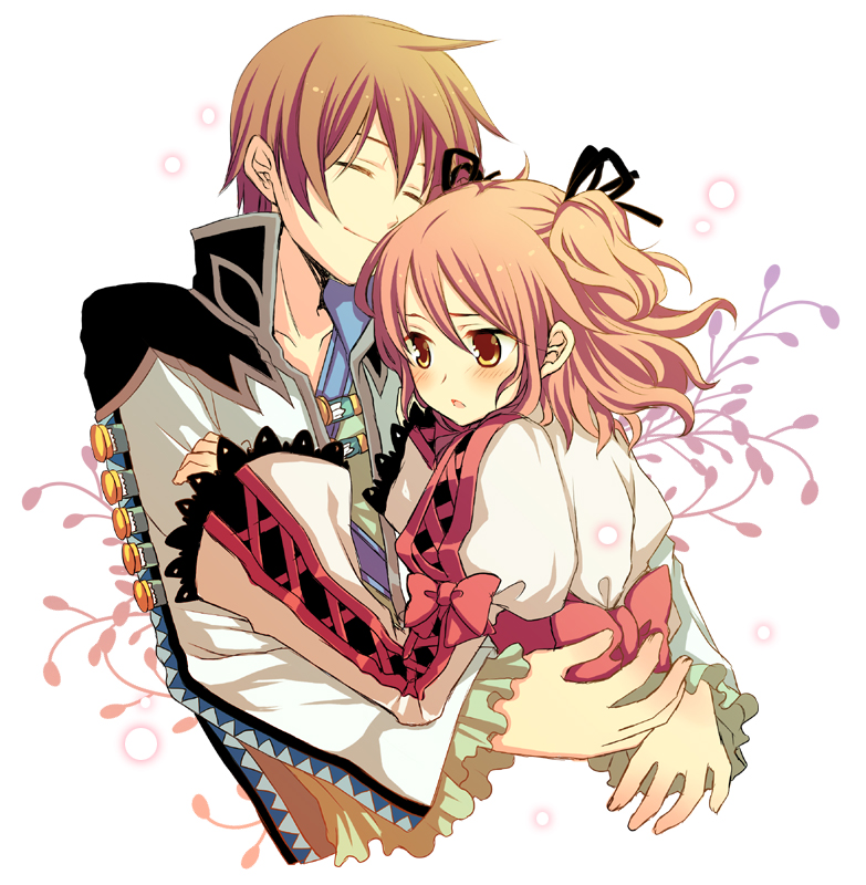 ayamisiro, asbel lhant, cheria barnes, tales of (series), tales of graces, 1boy, 1girl, brown eyes, brown hair, couple, hetero, hug, pink hair, ribbon, two side up