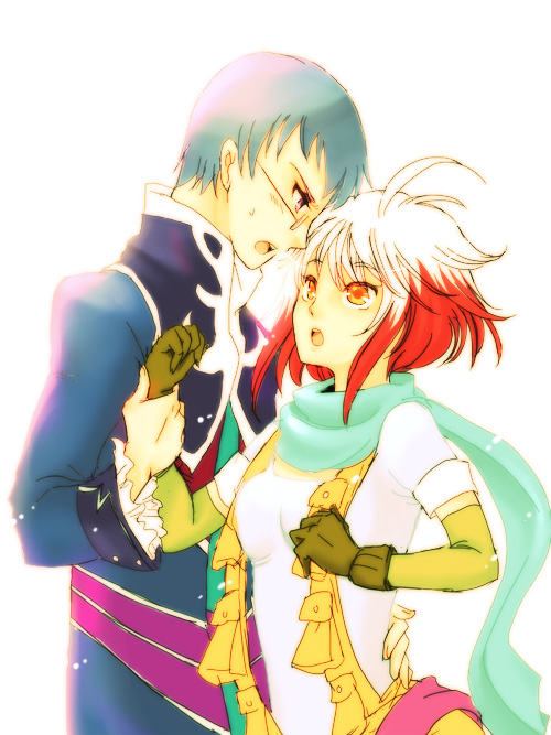 yuki ya, hubert ozwell, pascal (tales), tales of (series), tales of graces, 1boy, 1girl, blue eyes, blue hair, glasses, gloves, multicolored hair, red hair, scarf, two-tone hair, white hair, yellow eyes