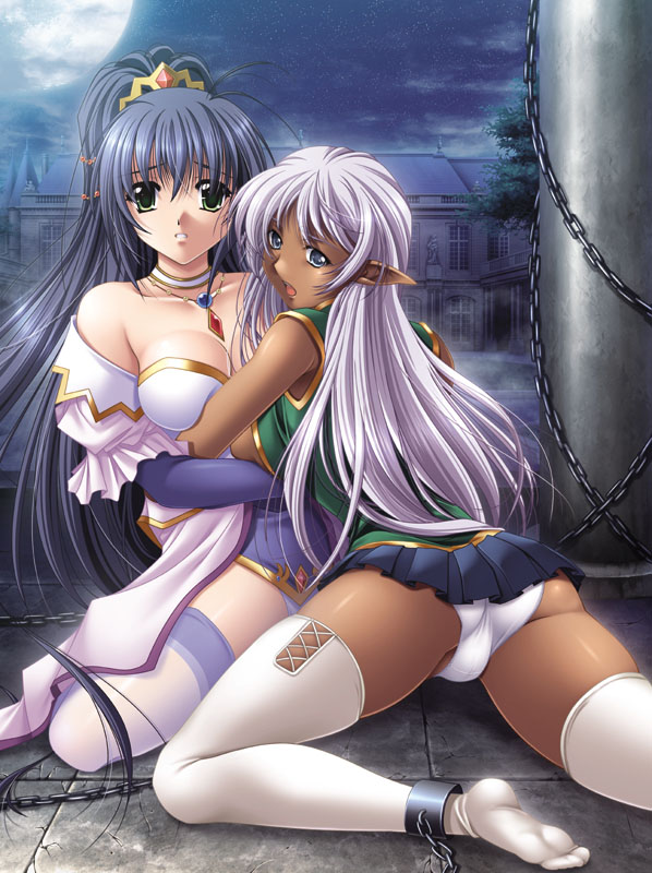 tagme, 2girls, breasts, chain, crown, elf, groin, hug, looking at viewer, looking back, multiple girls, panties, pointy ears, underwear, white hair, white panties