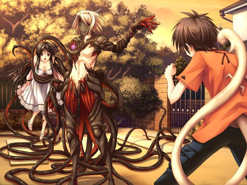 hitomaru, kyouzaki meguru, sugiuchi sae, tsukumono yadorigi romance, xuse, character request, tagme, black hair, blonde hair, breasts, brown hair, cleavage, dress, kidnapping, large breasts, mask, monster, peril, tail, tentacles