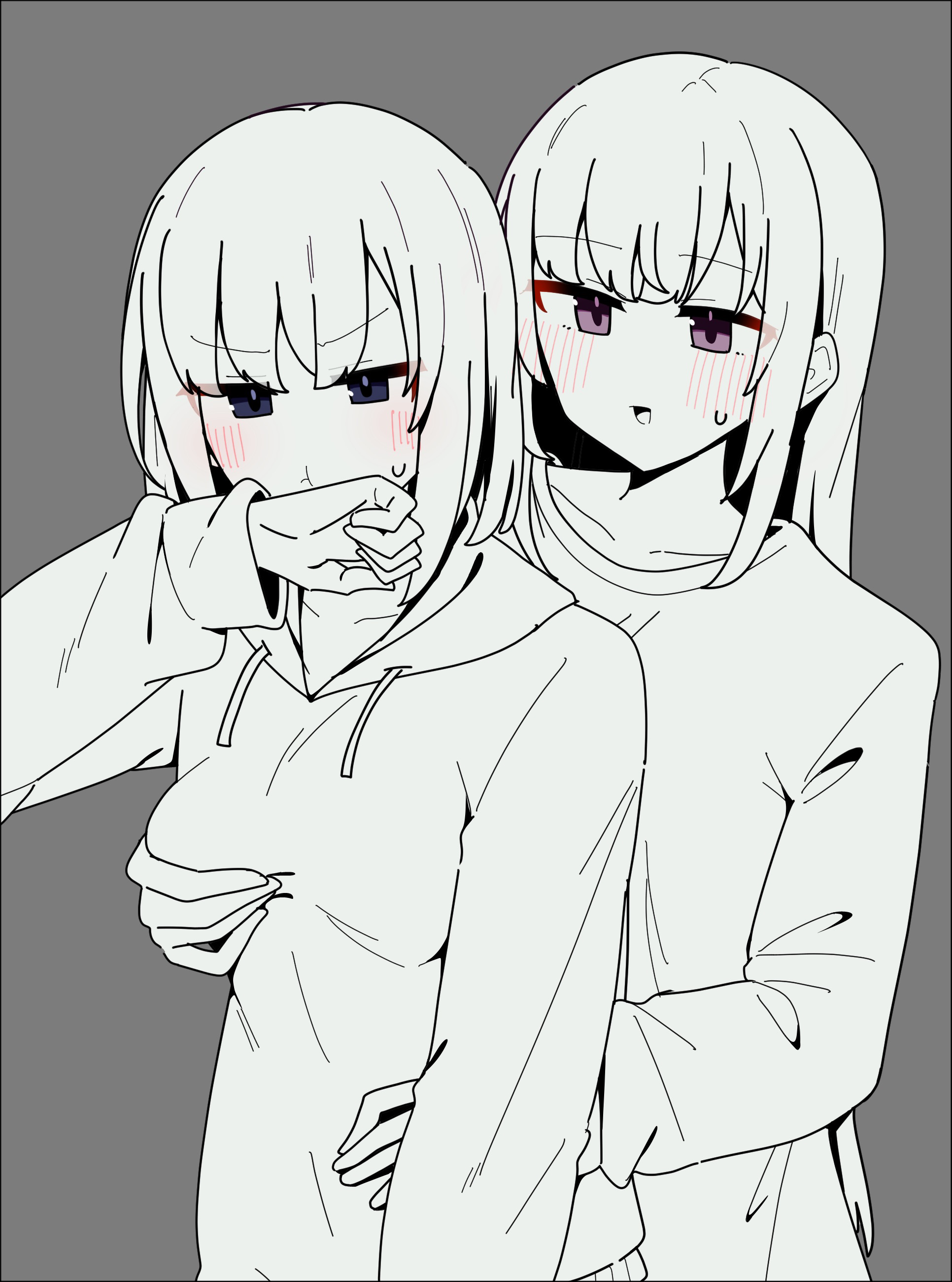 siiotuu, miyagi shiori, sendai hazuki, shuuniichido classmate wo kau hanashi, absurdres, commentary request, highres, 2girls, blush, drawstring, grabbing another's breast, grabbing from behind, greyscale, groping, hand on another's waist, hood, hoodie, long hair, medium hair, monochrome, multiple girls, open mouth, purple eyes, spot color, sweat, yuri