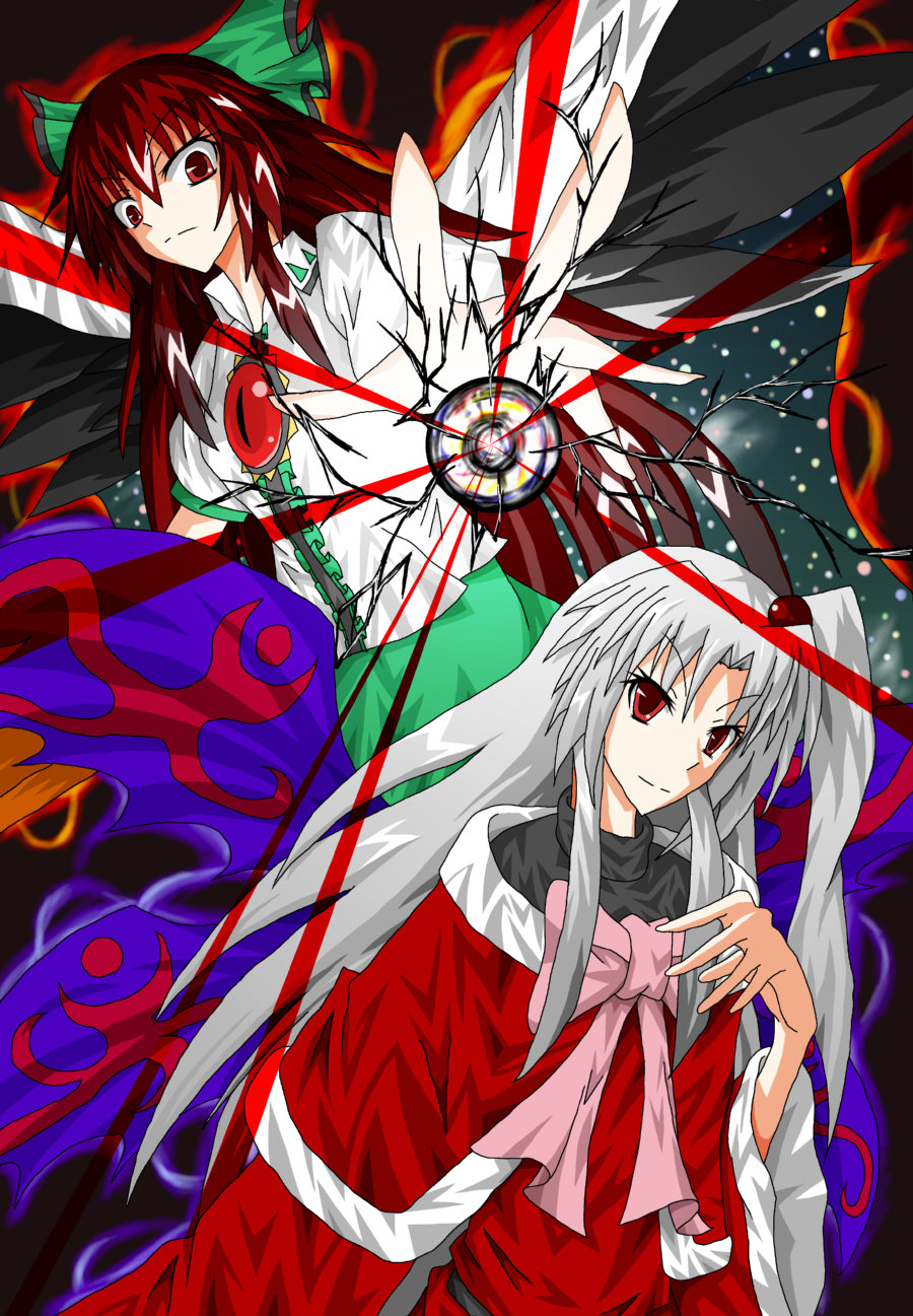 reiuji utsuho, shinki (touhou), mystic square, touhou, touhou (pc-98), silver hair, highres, 2girls, black hair, bow, cape, female focus, hair bobbles, hair bow, hair ornament, multiple girls, red eyes, side ponytail, wings