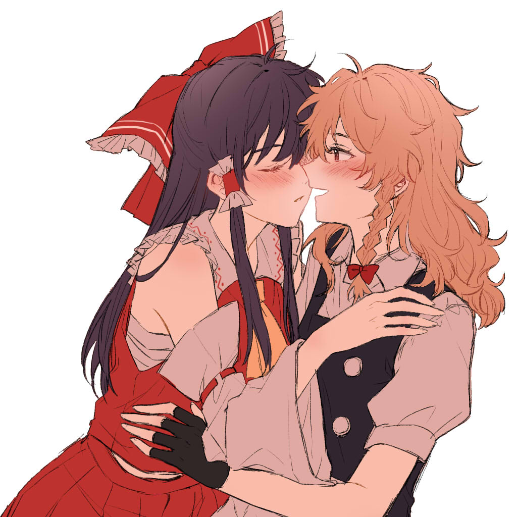hitte5416, hakurei reimu, kirisame marisa, touhou, chinese commentary, commentary request, 2girls, ascot, black gloves, blonde hair, blush, bow, braid, brown hair, detached sleeves, fingerless gloves, frilled bow, frilled hair tubes, frills, gloves, hair bow, hair tubes, hug, imminent kiss, long hair, multiple girls, no headwear, open mouth, puffy short sleeves, puffy sleeves, red bow, red skirt, ribbon-trimmed sleeves, ribbon trim, short sleeves, side braid, simple background, single braid, skirt, skirt set, smile, white background, yellow ascot, yellow eyes, yuri