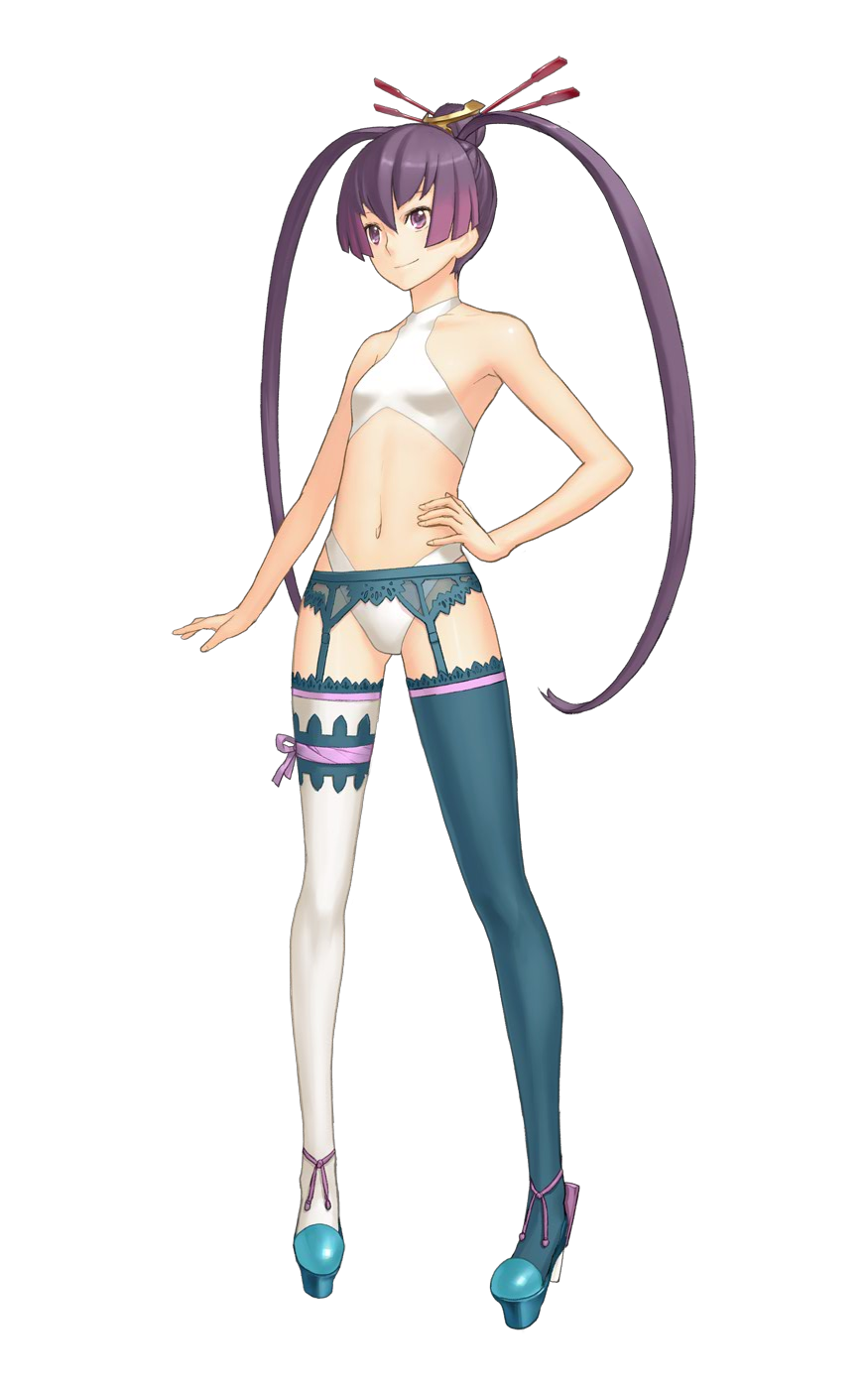 nagi ryou, finnel (ar tonelico), ar tonelico, ar tonelico iii, gust, lace-trimmed legwear, multicolored legwear, highres, official art, 00s, 1girl, asymmetrical clothes, asymmetrical legwear, blue thighhighs, bow, female focus, flat chest, full body, garter belt, hair ornament, hand on own hip, high heels, hip focus, lace, lace trim, legs, long hair, midriff, mismatched legwear, panties, purple eyes, purple hair, shoes, smile, solo, standing, thighhighs, transparent background, twintails, underwear, white panties, white thighhighs