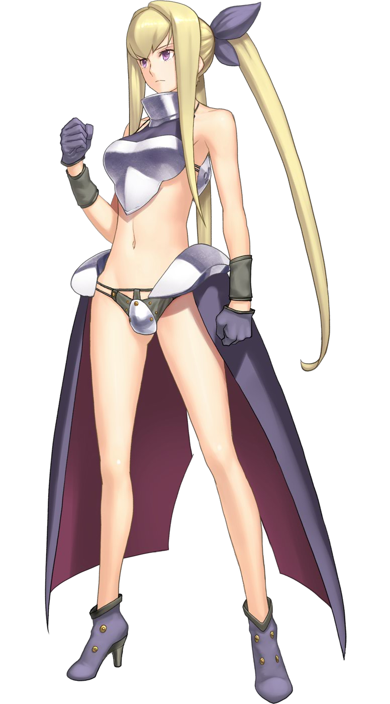nagi ryou, sakia-rumei, ar tonelico, ar tonelico iii, gust, highres, official art, armor, bikini armor, blonde hair, bow, breastplate, crotch plate, frown, gloves, hair bow, hair ribbon, high heels, legs, long hair, midriff, navel, ponytail, purple eyes, ribbon, shoes, simple background, solo, standing, transparent background, twintails
