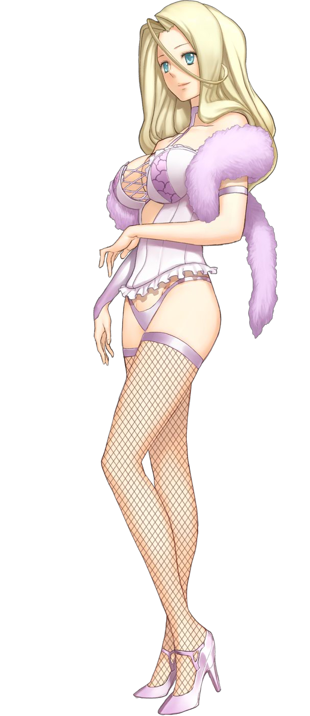 nagi ryou, salapator, ar tonelico, ar tonelico iii, gust, highres, official art, 00s, 1girl, blonde hair, blue eyes, bottomless, breasts, feather boa, female focus, fishnet thighhighs, fishnets, full body, high heels, large breasts, legs, lips, long hair, no pants, panties, shoes, sideboob, smile, solo, standing, stole, thighhighs, transparent background, underwear, unmoving pattern