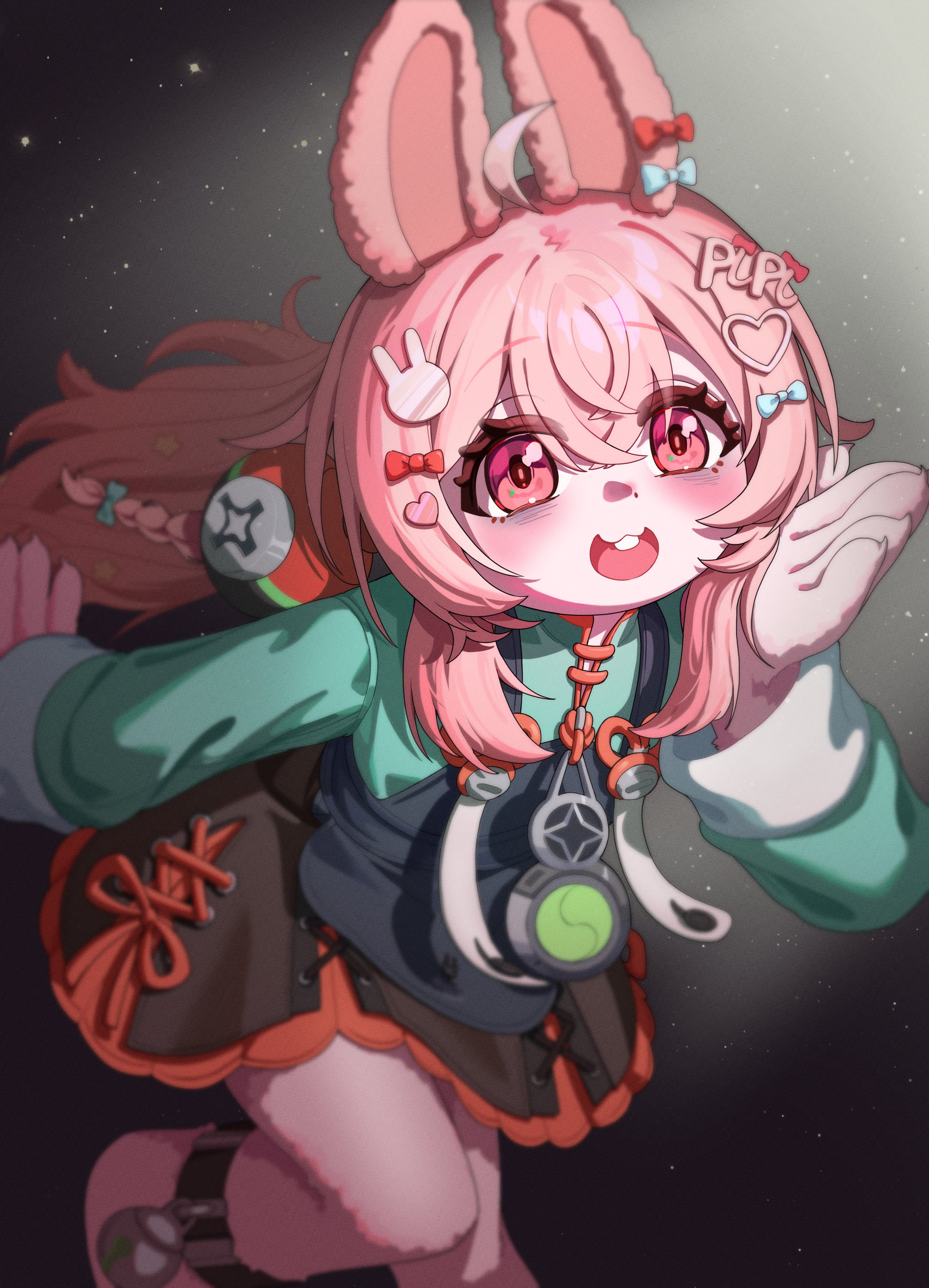 yger, pipkin pippa, zhao (zenless zone zero), phase connect, absurdres, commentary, commission, highres, 1girl, animal ears, blue bow, bow, braid, buck teeth, cosplay, ear bow, hair ornament, heart, heart hair ornament, long hair, open mouth, pink eyes, pink hair, rabbit ears, rabbit girl, rabbit hair ornament, red bow, solo, teeth, virtual youtuber, zhao (zenless zone zero) (cosplay)