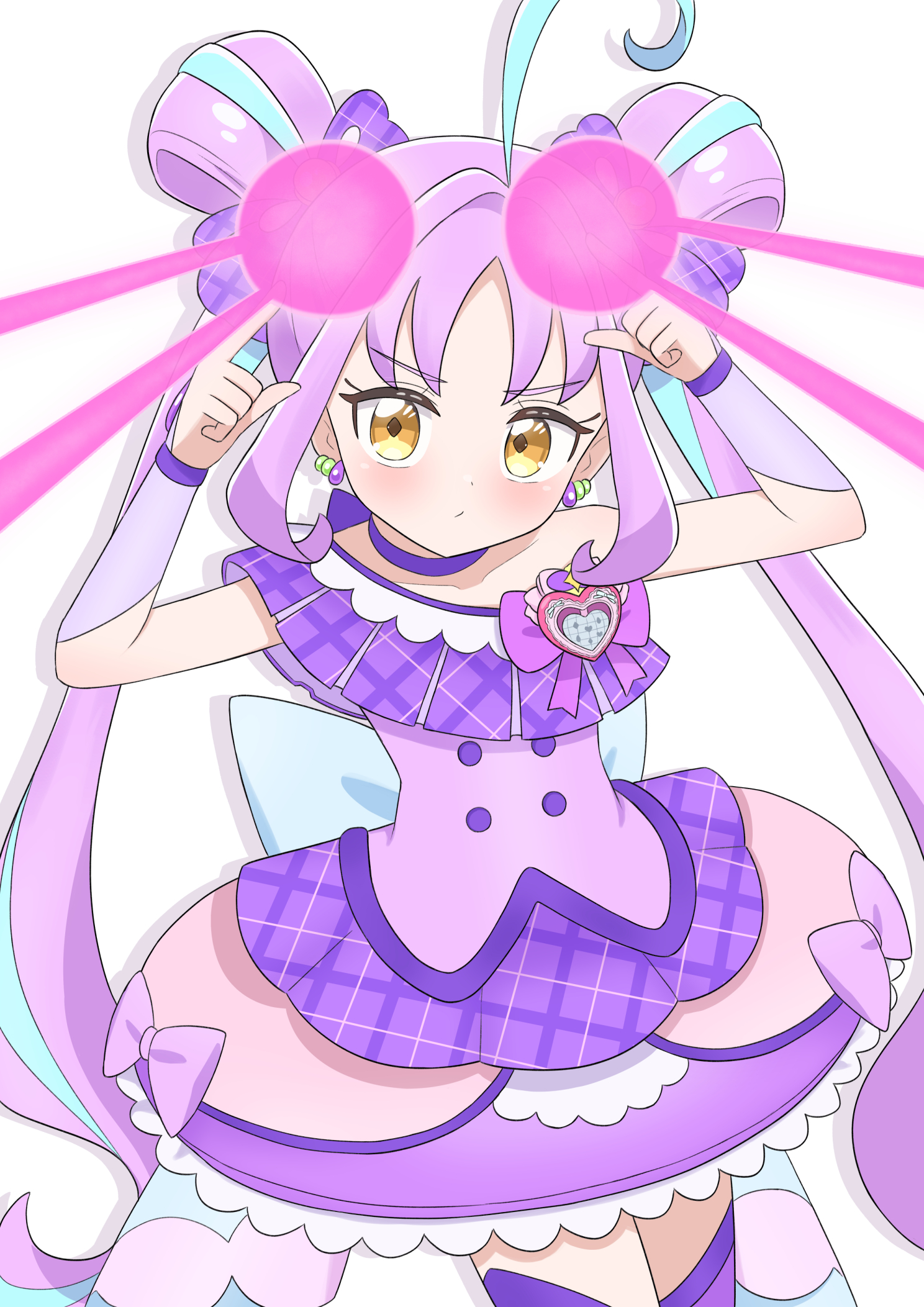 nisan ga6, cure kyunkyun, shigure kokoro, kimi to idol precure, precure, commentary, highres, 1girl, ahoge, arms up, back bow, bare shoulders, blue bow, blue streaks, blush, bow, brooch, bubble skirt, buttons, choker, closed mouth, collarbone, cowboy shot, diamond-shaped pupils, diamond (shape), double-breasted, double bun, dress, dress bow, drop shadow, earrings, energy, energy beam, furrowed brow, hair bow, hair bun, hair intakes, hair ornament, heart, heart brooch, idol heart brooch (precure), index fingers raised, jewelry, legs together, light frown, long hair, looking at viewer, magical girl, miniskirt, multicolored hair, off-shoulder dress, off shoulder, plaid bow, plaid clothes, plaid dress, purple bow, purple choker, purple dress, purple hair, purple thighhighs, purple wrist cuffs, simple background, single bare shoulder, single earring, skirt, skirt bow, sleeveless, sleeveless dress, smile, solo, streaked hair, symbol-shaped pupils, teardrop earrings, thighhighs, twintails, two-tone hair, very long hair, white background, wrist cuffs, yellow eyes