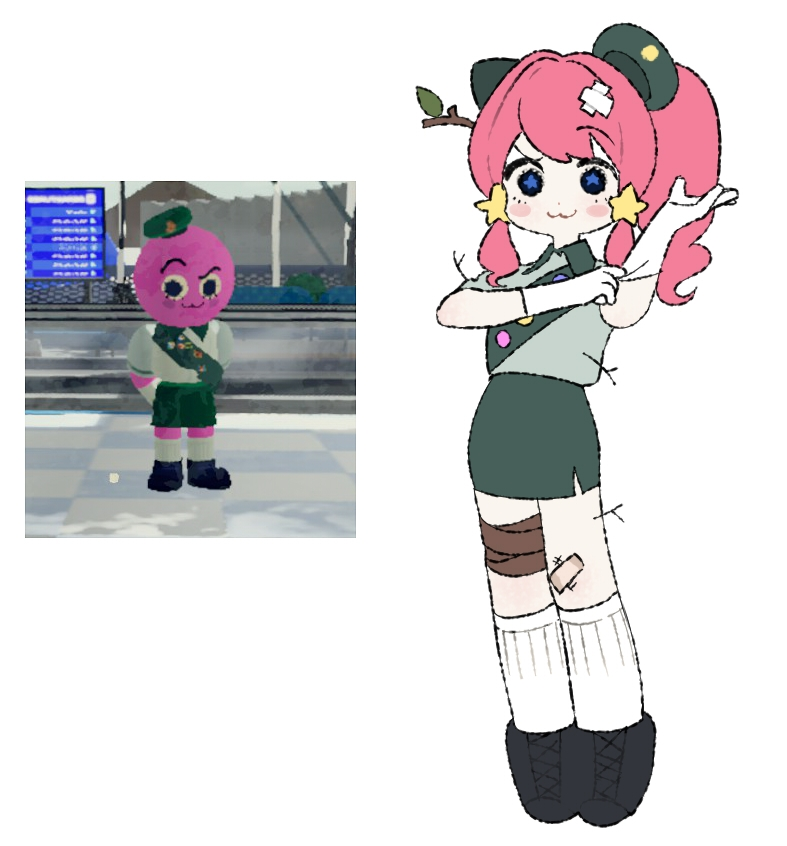 abbystea, scout (peak), peak (game), 1girl, :3, bandaged leg, bandages, bandaid, bandaid on leg, black shoes, collared shirt, game screenshot inset, gloves, green hat, green sash, green shirt, green skirt, hat, pink hair, ponytail, reference inset, sash, screenshot inset, shirt, shoes, sidelocks, skirt, socks, solo, star-shaped pupils, star (symbol), symbol-shaped pupils, white gloves, white socks