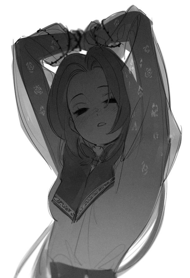 abbystea, sonozaki shion, higurashi no naku koro ni, hashtag-only commentary, 1girl, arms up, blush, bound, bound wrists, closed eyes, greyscale, long hair, monochrome, parted lips, plant, see-through clothes, see-through sleeves, solo, thorns, upper body, vines, white background