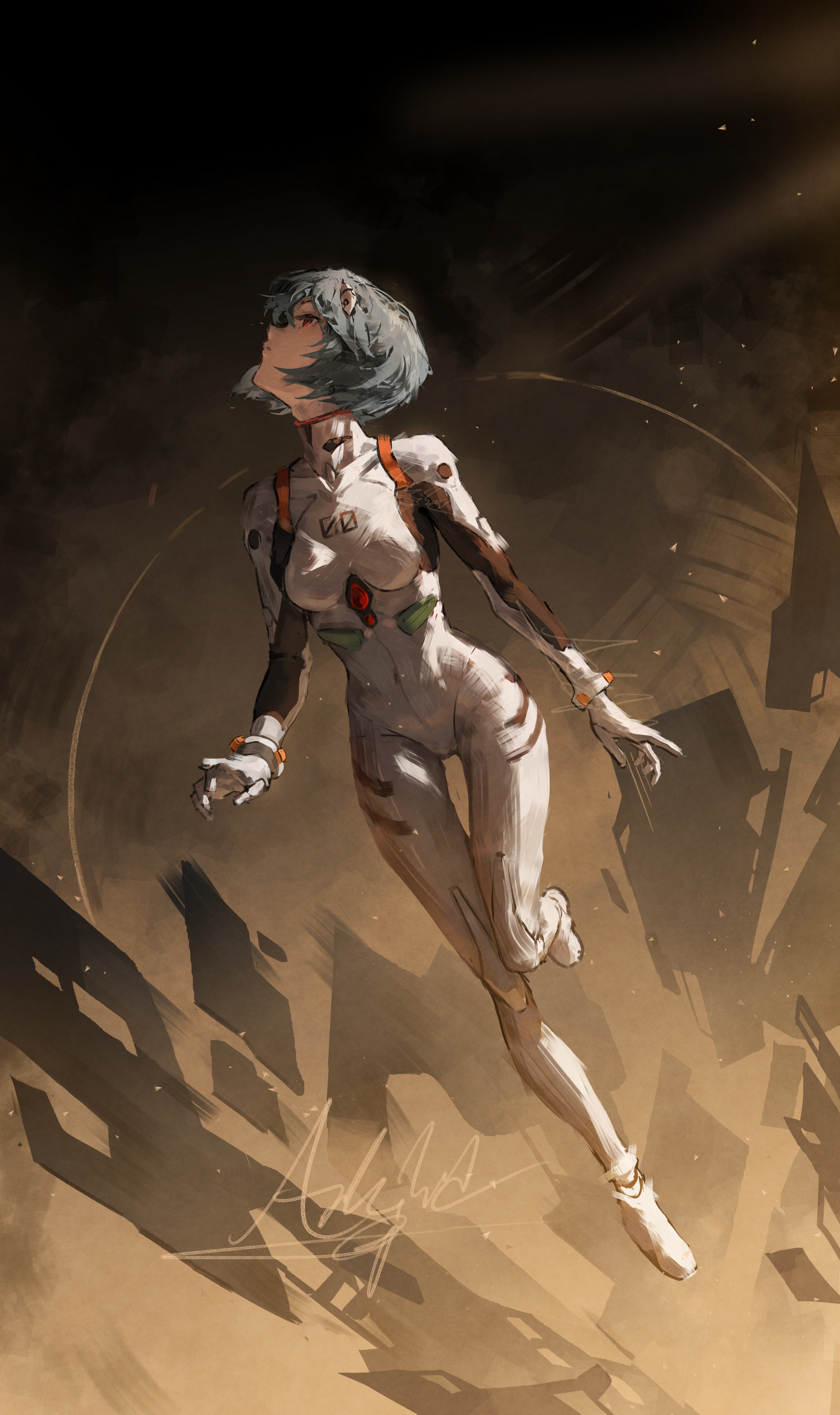 arkilide, ayanami rei, neon genesis evangelion, absurdres, commentary, english commentary, highres, 1girl, blue hair, bodysuit, dutch angle, full body, hair ornament, hairpods, headgear, interface headset (evangelion), looking to the side, looking up, mecha pilot suit, orange trim, outstretched arm, plugsuit (evangelion), red eyes, short hair, signature, solo, white bodysuit