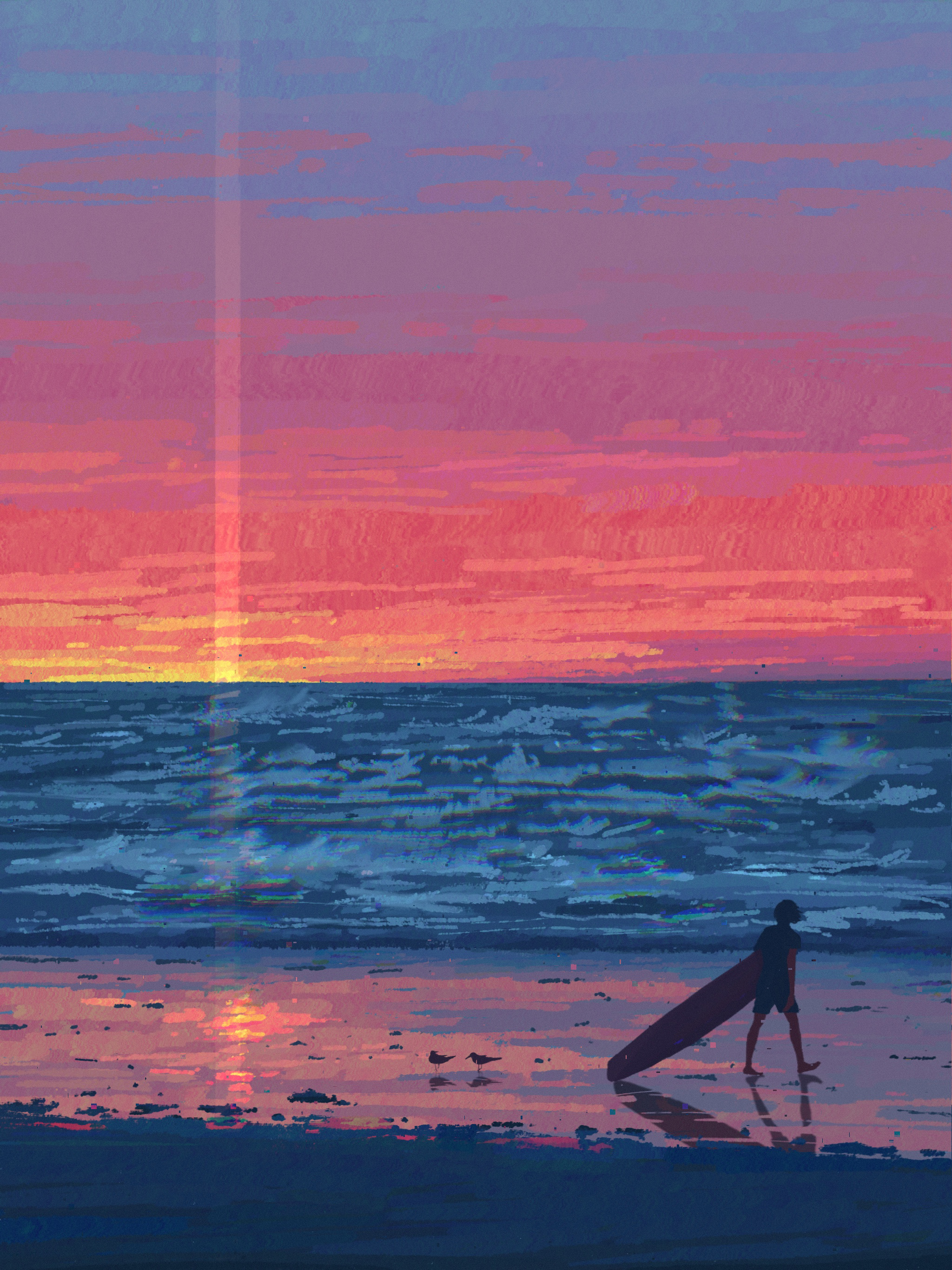 fangpeii, original, absurdres, chinese commentary, commentary request, highres, 1other, ambiguous gender, colorful, from behind, holding, holding surfboard, horizon, multicolored sky, ocean, reflection, scenery, simple bird, sky, surfboard, walking, water, wide shot