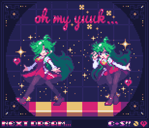 comet summoner98, kazami yuuka, kazami yuuka (pc-98), touhou, touhou (pc-98), 1girl, ahoge, artist name, ascot, black pantyhose, character name, dress, english text, green hair, hair over one eye, heart, long hair, long sleeves, looking at viewer, pantyhose, pixel art, red dress, red shoes, shirt, shoes, smile, star (symbol), walking, white shirt