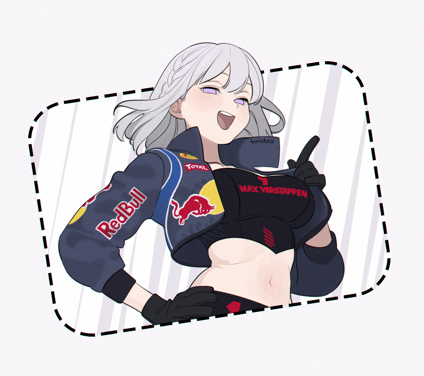 abbystea, max verstappen, rpk-16 (girls' frontline), formula one, girls' frontline, red bull, commentary, english commentary, highres, 1girl, black gloves, braid, cropped jacket, gloves, hand on own hip, midriff, navel, purple eyes, solo, upper body, white hair