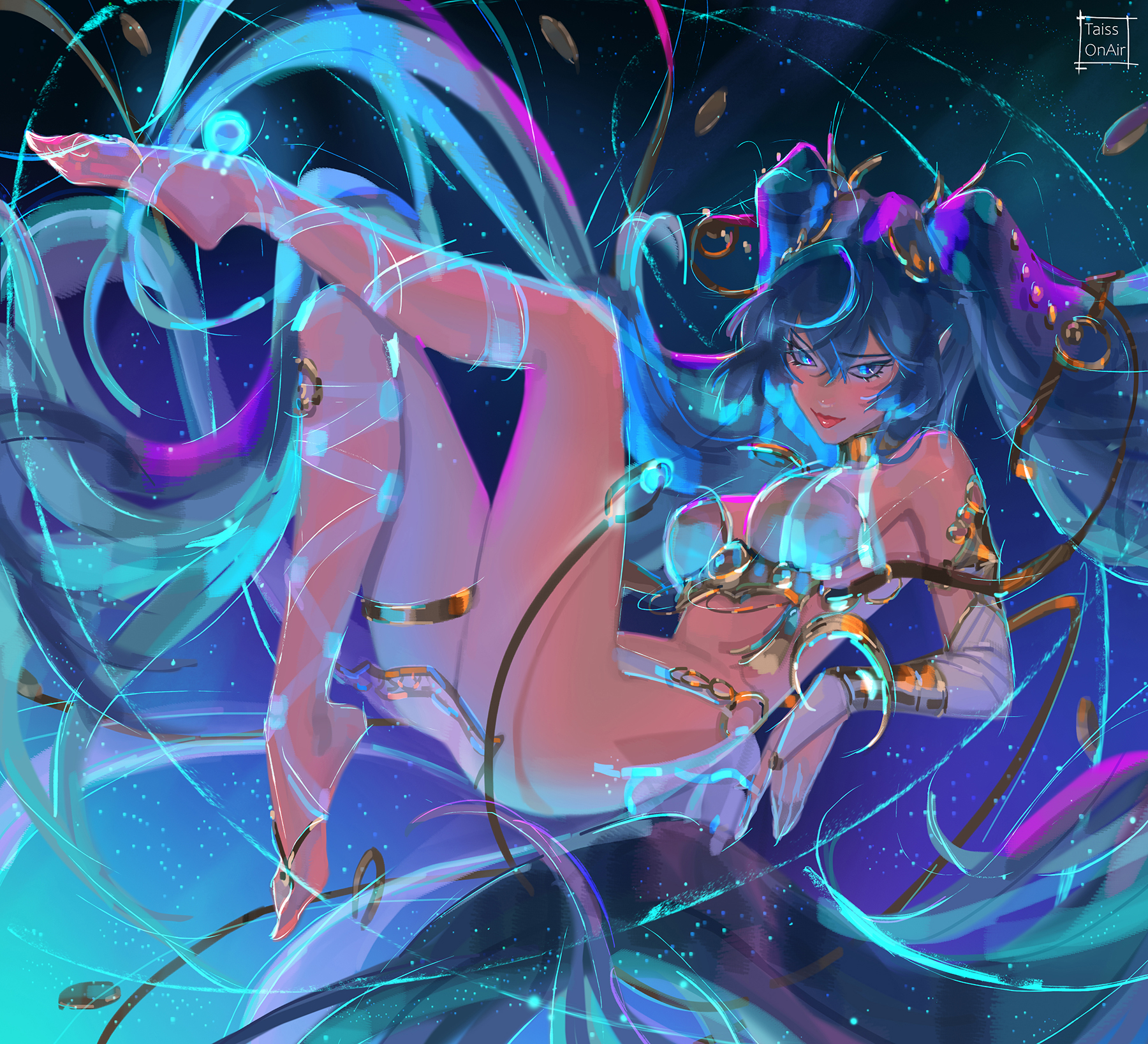 tatti art, iuno (wuthering waves), wuthering waves, gold armlet, commentary, english commentary, highres, paid reward available, variant set, 1girl, armlet, artist name, bare shoulders, barefoot, blue eyes, blue hair, bra, bracelet, chain, circlet, coin, earrings, feet, gold, gold bracelet, gold chain, gold choker, gold circlet, gold coin, gold earrings, gold hairband, gold necklace, hairband, half-sleeves, high ponytail, jewelry, long hair, necklace, panties, ponytail, solo, space, underwear, very long hair, white bra, white panties