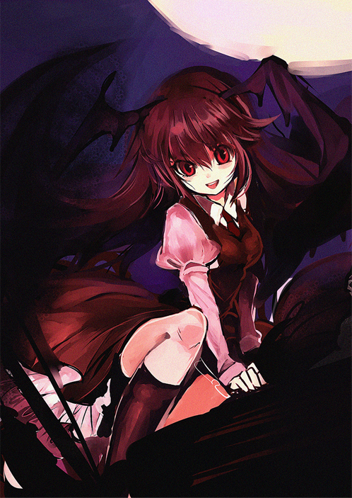 cis (carcharias), koakuma, embodiment of scarlet devil, touhou, 1girl, bat wings, female focus, head wings, long hair, moon, necktie, red eyes, red hair, smile, solo, wings