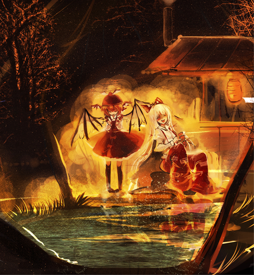 cis (carcharias), fujiwara no mokou, mystia lorelei, touhou, 2girls, female focus, head wings, long hair, market stall, multiple girls, pond, sitting, skewer, water, white hair, wings