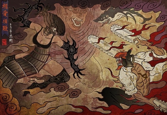 chien chih kang, bomb devil (chainsaw man), denji (chainsaw man), reze (chainsaw man), typhoon devil (chainsaw man), chainsaw man, bilingual commentary, commentary, mixed-language commentary, 1girl, 1other, 2boys, apron, black apron, black pants, chainsaw, clenched teeth, collared shirt, fangs, fine art parody, from side, looking ahead, looking at another, looking down, looking up, multiple boys, nihonga, object head, open clothes, open mouth, open shirt, pants, parody, pull cord, shark, shark devil (chainsaw man), sharp teeth, shirt, sleeves rolled up, teeth, tongue, tongue out, transformation, white shirt