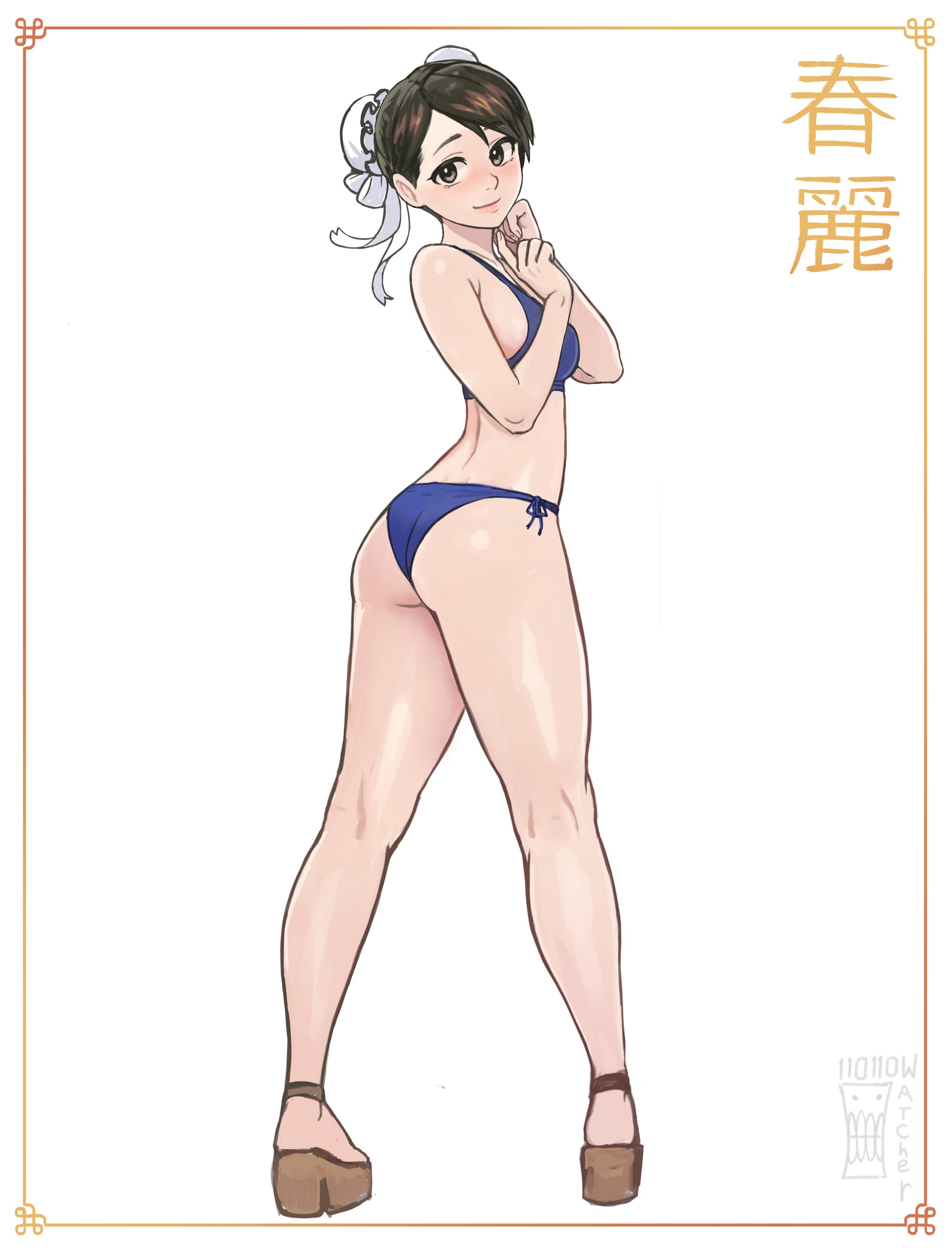 watcher hollow, chun-li, capcom, street fighter, absurdres, commentary, english commentary, highres, 1girl, ass, bare arms, bare legs, bare shoulders, bikini, blue bikini, blush, breasts, brown eyes, brown hair, bun cover, character name, double bun, from behind, full body, hair bun, hair ribbon, kneepits, large breasts, looking at viewer, looking back, platform sandals, ribbon, sandals, short hair, side-tie bikini bottom, simple background, smile, solo, swimsuit, white background, white ribbon