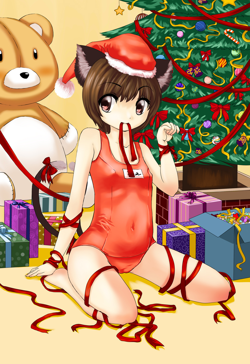 orangec, chen, touhou, bad id, bad pixiv id, 1girl, animal ears, brown eyes, brown hair, cat ears, cat girl, cat tail, christmas, christmas tree, covered navel, female focus, hat, multiple tails, navel, one-piece swimsuit, paw pose, red eyes, red one-piece swimsuit, ribbon, santa costume, school swimsuit, short hair, solo, swimsuit, tail, tail ornament, tail ribbon