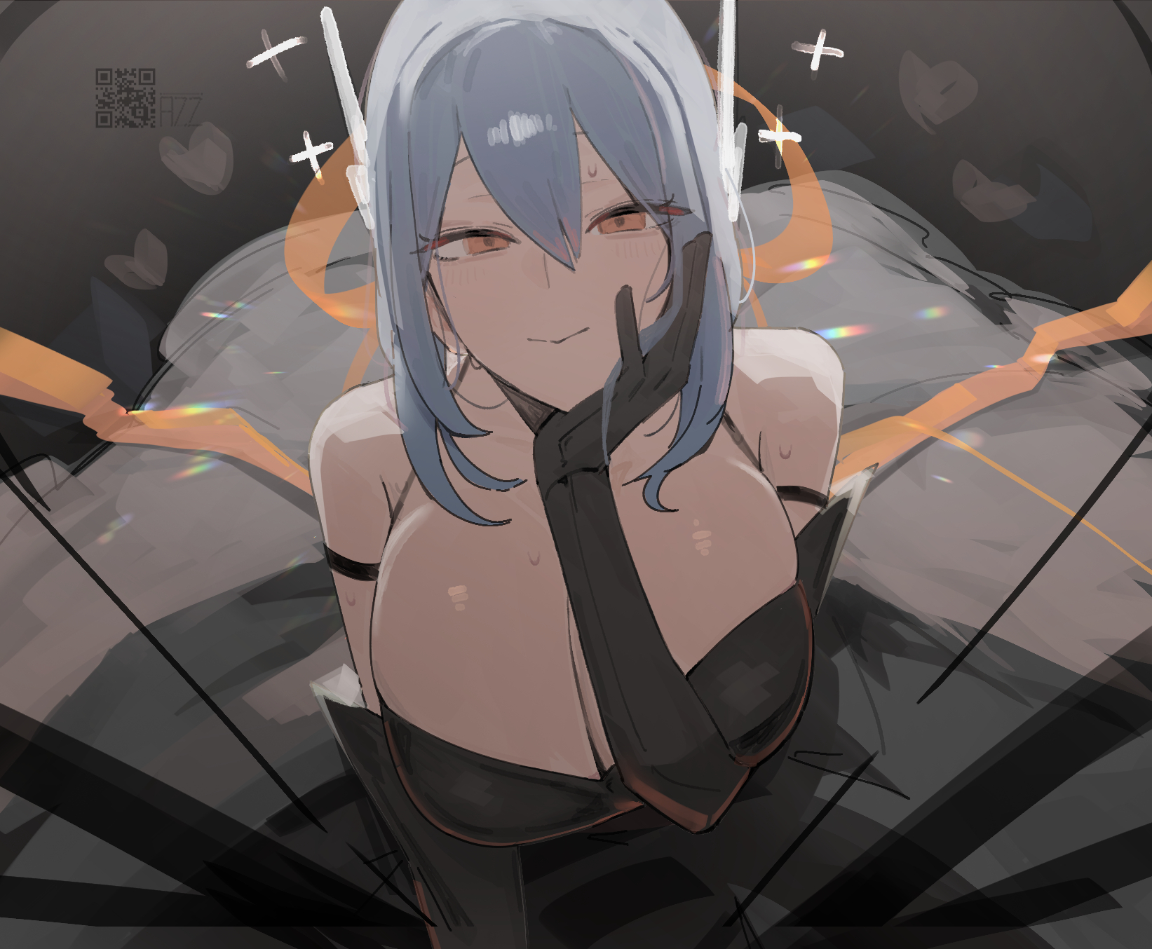 azz0422, gardevoir, nintendo, pokemon, commentary, highres, 1girl, alternate hair color, artist name, backless outfit, bare shoulders, black background, black dress, black gloves, blue hair, breasts, closed mouth, dress, elbow gloves, evening gown, eyelashes, from above, gen 3 pokemon, gloves, hair between eyes, hand on own chin, heart, huge breasts, looking at viewer, narrowed eyes, orange eyes, personification, qr code, raised eyebrows, sidelocks, simple background, sleeveless, sleeveless dress, smile, solo, sweatdrop