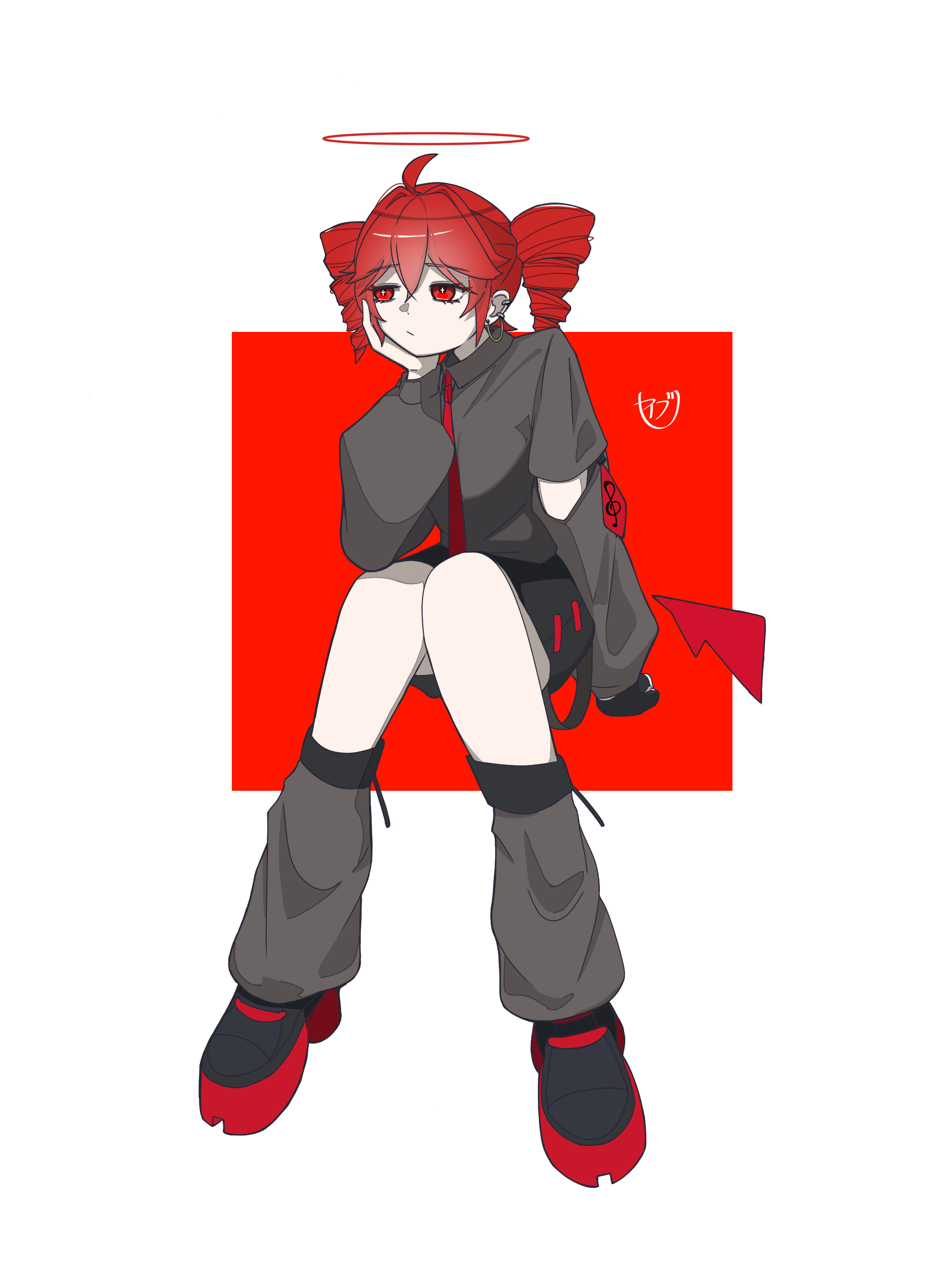 seibutsu (kaibu23 seibutu), kasane teto, utau, absurdres, commentary, highres, ahoge, arm cutout, black shoes, closed mouth, clothing cutout, collared jacket, drill hair, facing viewer, full body, grey jacket, grey socks, hair between eyes, halo, hand up, head on hand, jacket, looking to the side, loose socks, outstretched arm, red background, red eyes, red hair, red halo, red trim, shoes, shoulder cutout, simple background, sitting, socks, twin drills, two-tone background, white background