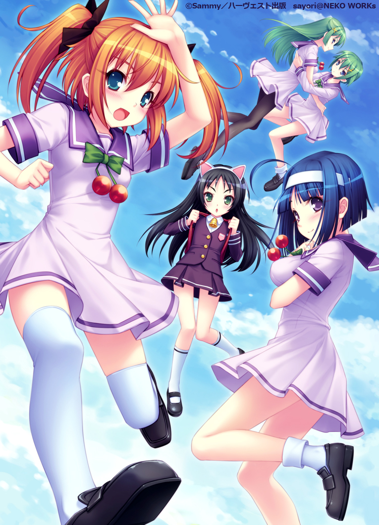 sayori (neko works), haduki kurumi, hazuki kurumi, kannazuki aoi, minazuki haruka (twin angel), nine violet, tesla violet, kaitou tenshi twin angel, kaitou tenshi twin angel 2, twin angel, white legwear, bad id, bad pixiv id, 10s, 5girls, :o, ahoge, animal ears, backpack, bag, bell, black hair, blazer, blue eyes, blue hair, blush, cat ears, cloud, day, dress, falling, green eyes, green hair, hair ornament, hair ribbon, hairband, hairclip, hug, jacket, kneehighs, leg lift, long hair, mary janes, multiple girls, open mouth, orange hair, pantyhose, purple eyes, randoseru, ribbon, sailor dress, school uniform, serafuku, shoes, siblings, sisters, skirt, sky, smile, socks, thigh gap, thighhighs, thighs, twins, twintails, waving