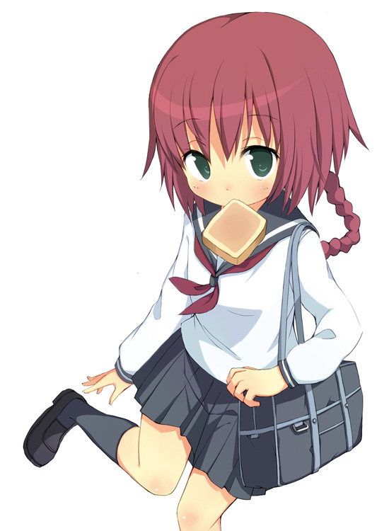 amaa (chou dennou jidai), suou pavlichenko, darker than black, 00s, 1girl, bread, bread slice, female focus, food, food in mouth, mouth hold, school uniform, serafuku, skirt, solo, toast, toast in mouth