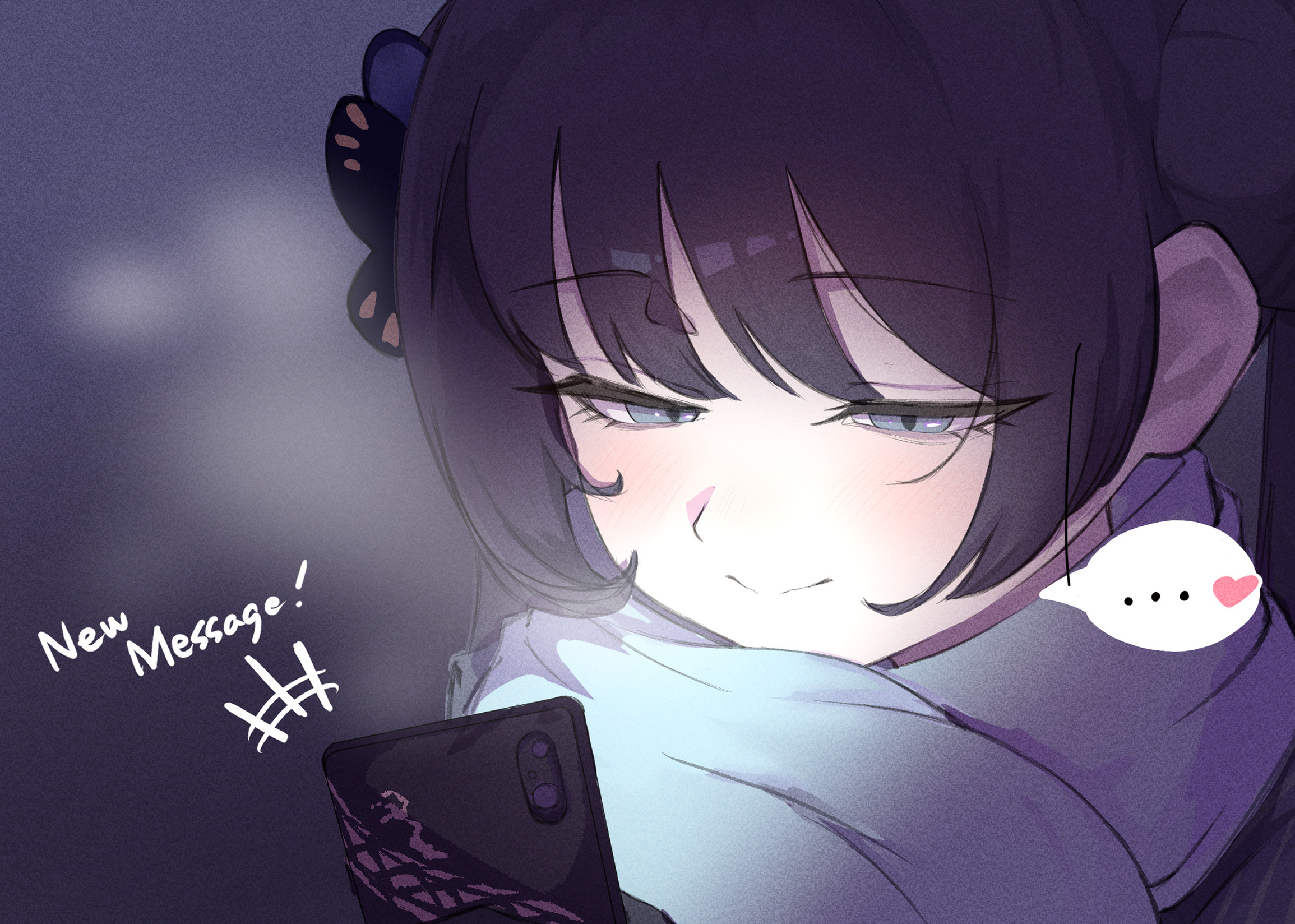 dokuwachichi, kisaki (blue archive), blue archive, commentary request, highres, +++, …, 1girl, black hair, blue eyes, breath, butterfly hair ornament, close-up, closed mouth, english text, hair ornament, heart, holding, holding phone, light blush, looking at phone, notice lines, phone, scarf, screen light, smile, solo, speech bubble, spoken ellipsis, spoken heart