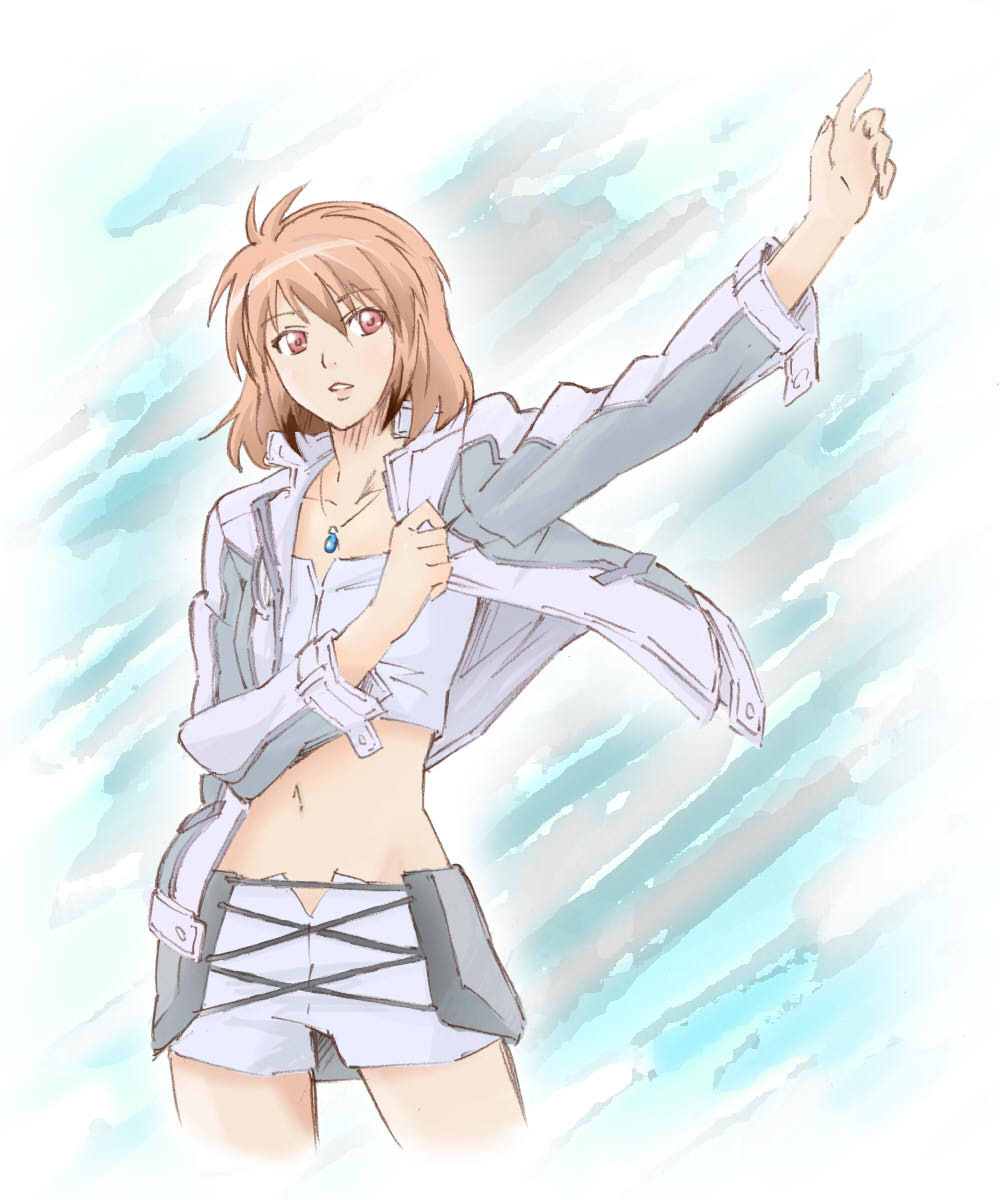 shiro kujira, ibis douglas, banpresto, super robot wars, super robot wars original generation, bad id, bad pixiv id, highres, brown hair, dressing, jewelry, midriff, navel, necklace, red eyes, red hair, short hair, solo