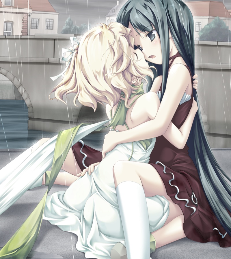 fue (tsuzuku), angelina rocca, belle, belle (katahane), katahane, artist request, source request, 2girls, bow, closed eyes, curly hair, dress, green scarf, hair bow, hair ribbon, holding, hug, long hair, multiple girls, open mouth, rain, ribbon, scarf, short hair, very long hair, yuri
