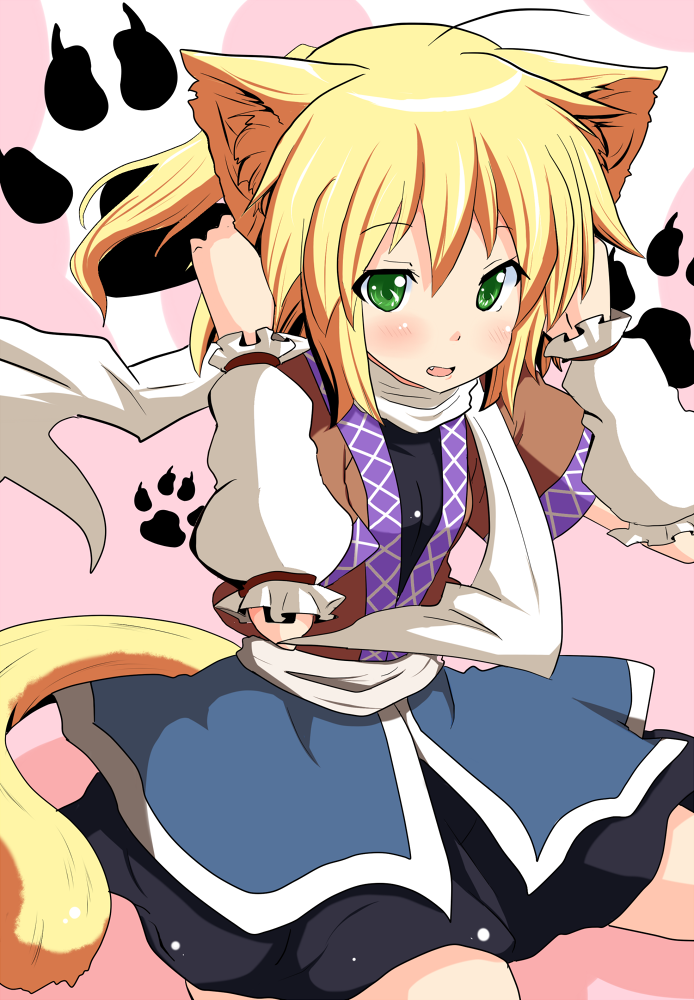 suna (sunaipu), sunaipu, mizuhashi parsee, touhou, 1girl, animal ears, blonde hair, blush, cat ears, cat girl, cat tail, fang, female focus, green eyes, kemonomimi mode, open mouth, paw print, scarf, short hair, solo, tail