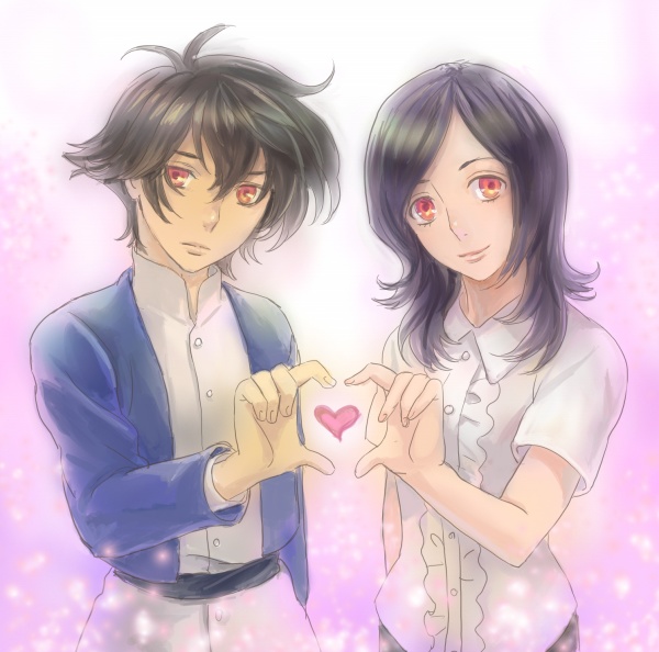 ris, higashi setsuna, setsuna f. seiei, fresh precure!, gundam, gundam 00, precure, bad id, bad pixiv id, 00s, black hair, blouse, brown hair, crossover, four-finger heart hands, heart, heart hands, heart hands duo, name connection, red eyes, shirt, sparkle