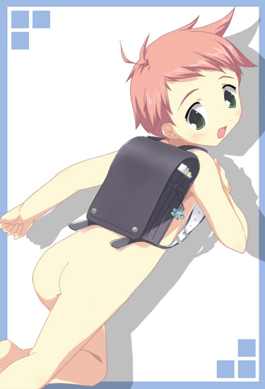 artist request, 1boy, ass, backpack, bag, barefoot, blush, feet, male focus, nude, pink hair, randoseru, shota, smile, soles, solo