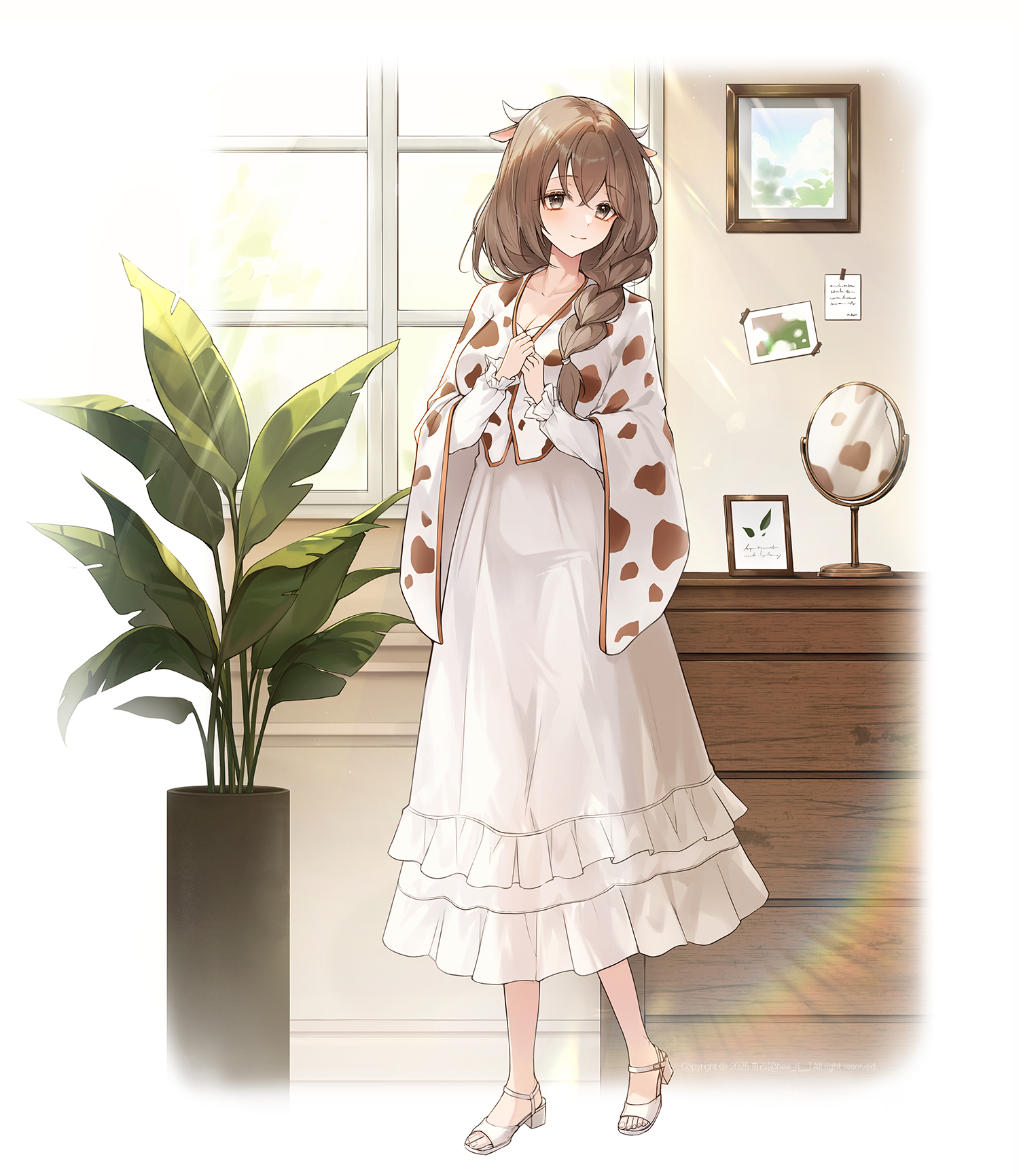 heeri, original, commentary, commission, highres, 1girl, animal ears, animal print, border, braid, breasts, brown cloak, brown eyes, brown hair, cleavage, cloak, collarbone, cow ears, cow girl, cow horns, cow print, dress, frilled dress, frills, full body, hair between eyes, hands up, high heels, horns, large breasts, light smile, long dress, long sleeves, looking at viewer, mirror, multicolored cloak, paint, plant, potted plant, shoes, single braid, solo, standing, two-tone cloak, white border, white cloak, white dress, white horns, white shoes, window