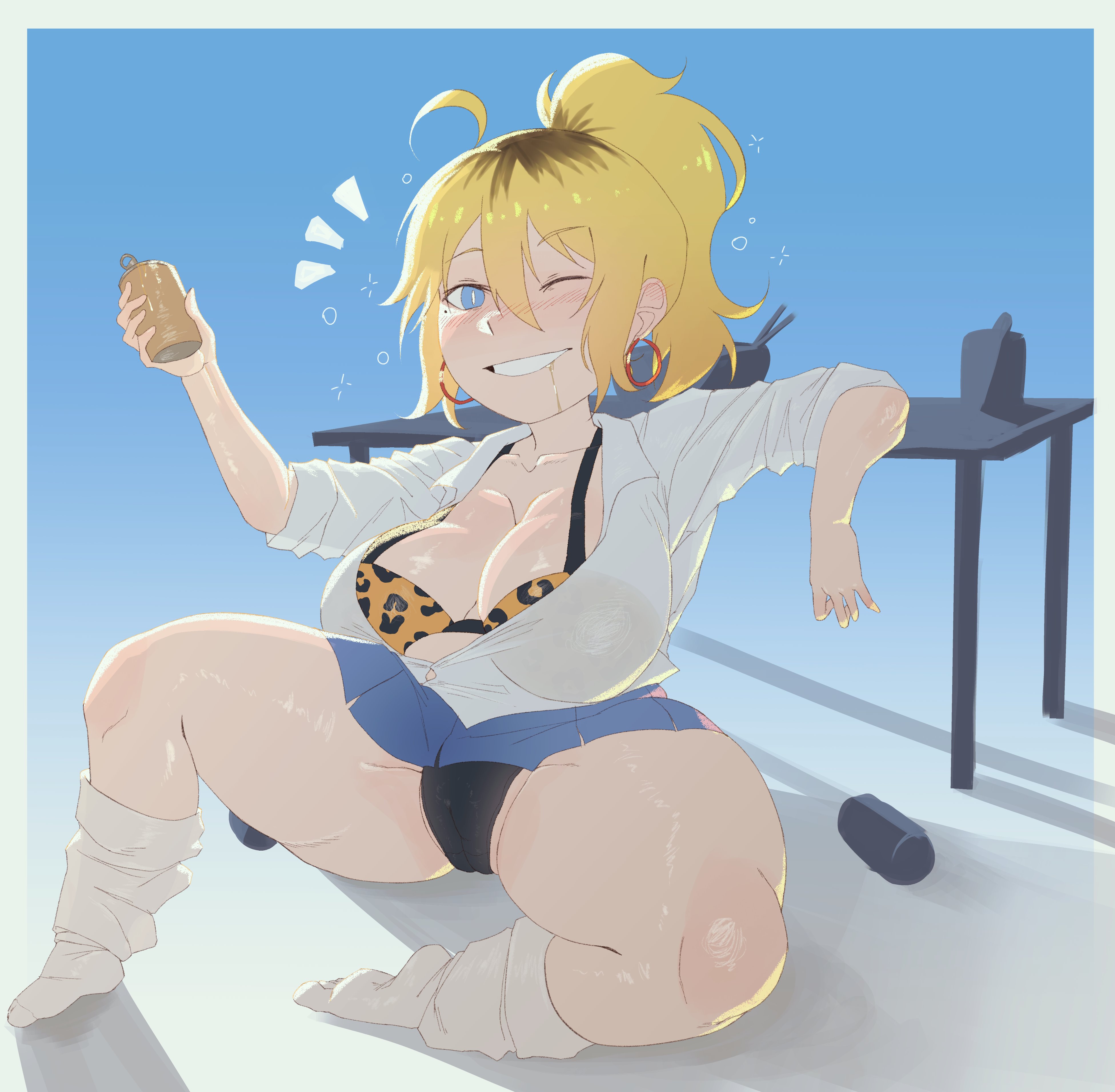 kyokeer, original, animal print, black panties, blonde hair, breasts, drunk, dyed hair, gyaru, huge breasts, leopard print, panties, shortstack, spread legs, thick thighs, thighs, underwear