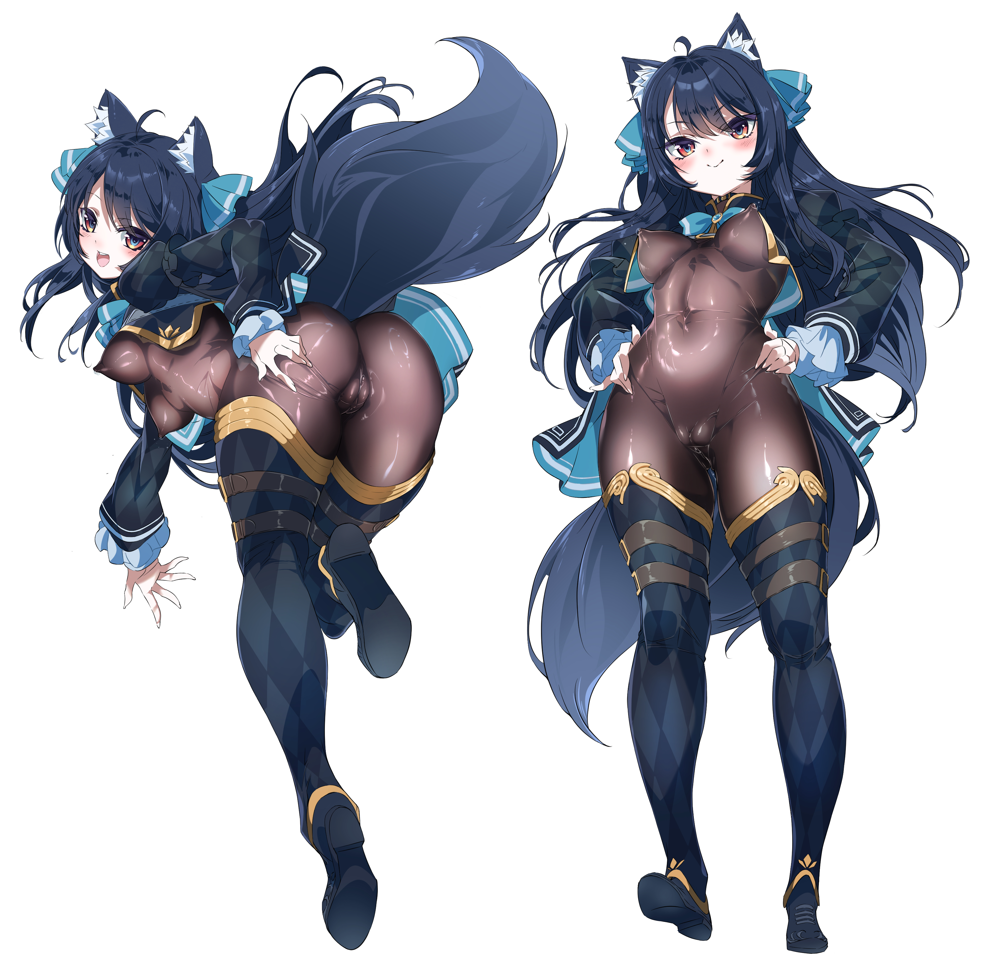 niko (tama), svartlilja (vrchat), original, vrchat, absurdres, commentary request, highres, 1girl, ahoge, animal ears, argyle clothes, argyle shirt, argyle thighhighs, ass, black hair, black shrug, bodystocking, bodysuit, cameltoe, checkered thighhighs, cleft of venus, covered clitoris, covered erect nipples, covered navel, detached pants, erect clitoris, from behind, hands on own hips, impossible bodysuit, impossible clothes, impossible leotard, leotard, long hair, multiple views, pussy, shrug (clothing), skin tight, smile, solo, tail, white background, wolf ears, wolf girl, wolf tail