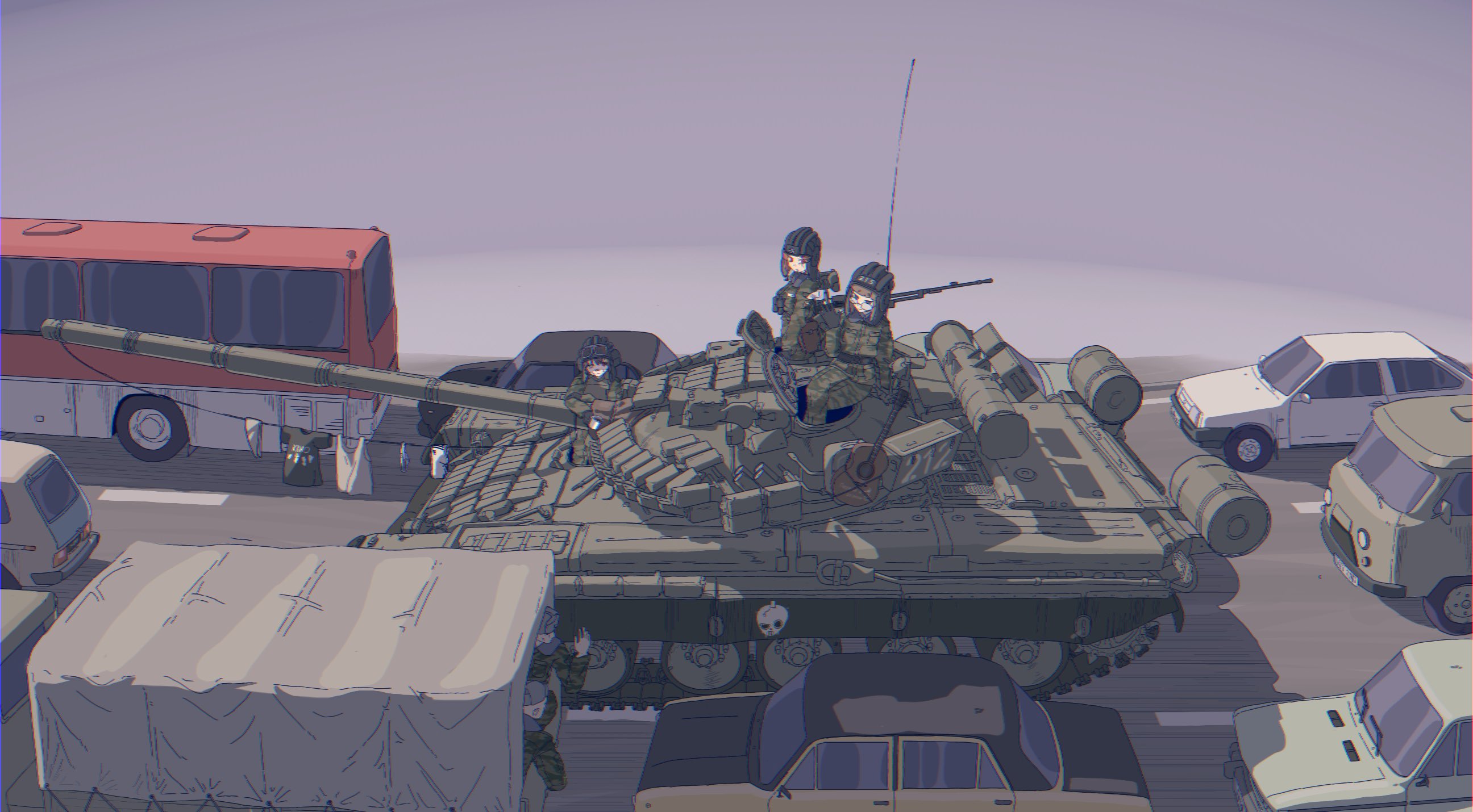 b1-517, t-72, original, commentary, english commentary, highres, 2boys, 3girls, borrowed character, brown hair, bus, camouflage, cannon, car, caterpillar tracks, clothesline, glasses, guitar, gun, helmet, instrument, machine gun, military vehicle, motor vehicle, multiple boys, multiple girls, panties, pk machine gun, reactive armor, red eyes, road, shirt, smoke grenade launcher, tank, tank helmet, tank top, traffic jam, underwear, unworn clothes, weapon, zhenya (laitumidane)
