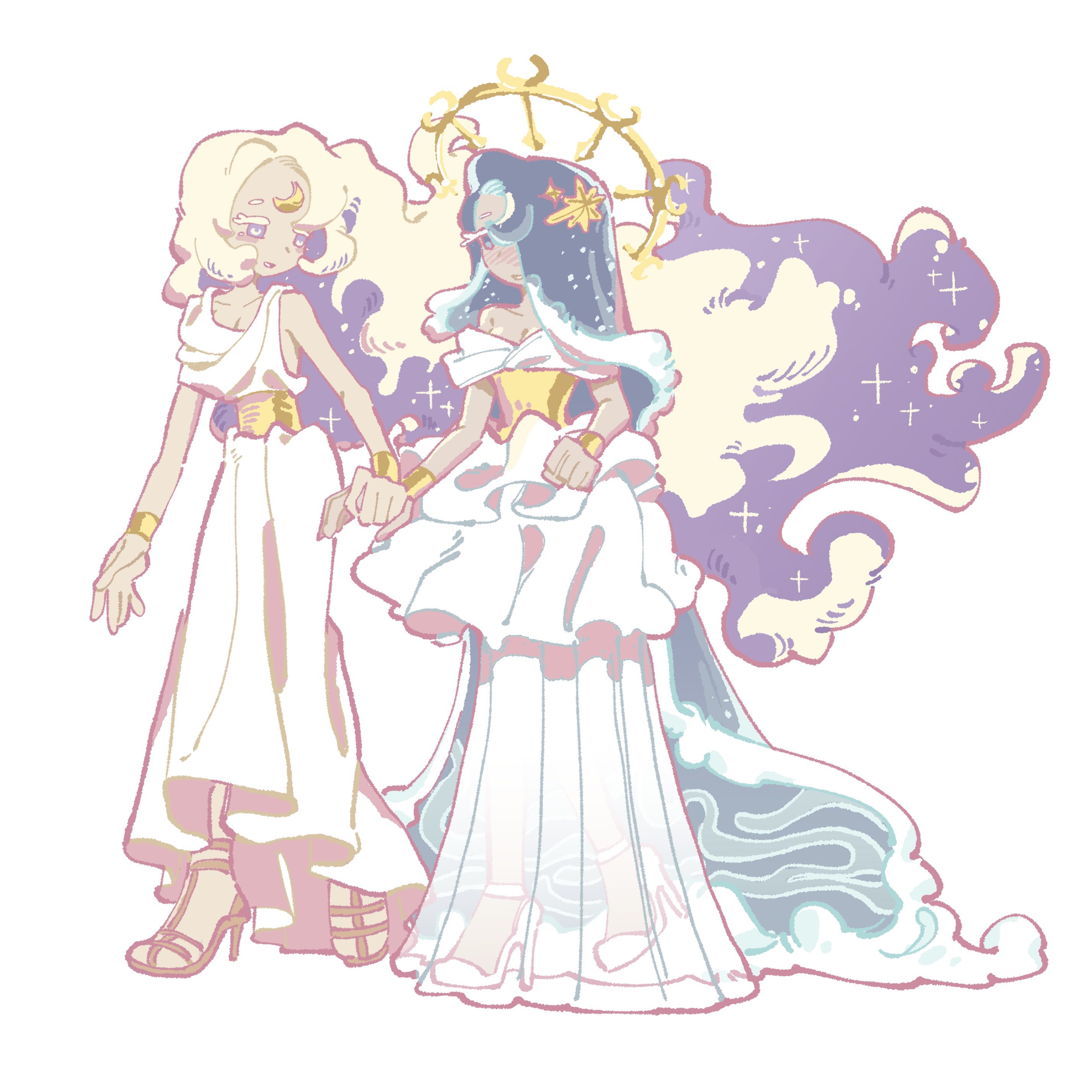 rude rudy, moonlight cookie, moonlight cookie (crescent guardian), sea fairy cookie, sea fairy cookie (rippling moonlight), cookie run, cookie run: kingdom, absurdres, commentary, highres, symbol-only commentary, 2girls, :d, ||/, absurdly long hair, arms at sides, bare arms, bare shoulders, belt, blonde hair, blue eyes, blue hair, blush, bracelet, breasts, brown shoes, cleavage, colored eyelashes, colored inner hair, crescent, dress, eye contact, floating hair, forehead jewel, frilled dress, frills, full body, gold belt, gold bracelet, grin, hair ornament, hair over one eye, high heels, holding hands, humanization, jewelry, liquid hair, long dress, long hair, looking at another, multicolored hair, multiple girls, no sclera, nose blush, off-shoulder dress, off shoulder, official alternate costume, official alternate hair color, one eye covered, open-toe shoes, open mouth, purple eyes, purple hair, see-through clothes, see-through dress, shoes, short sleeves, simple background, sleeveless, sleeveless dress, small breasts, smile, sparkle, standing, star (symbol), star hair ornament, two-tone hair, very long hair, white background, white dress, white eyelashes, white shoes, yellow belt