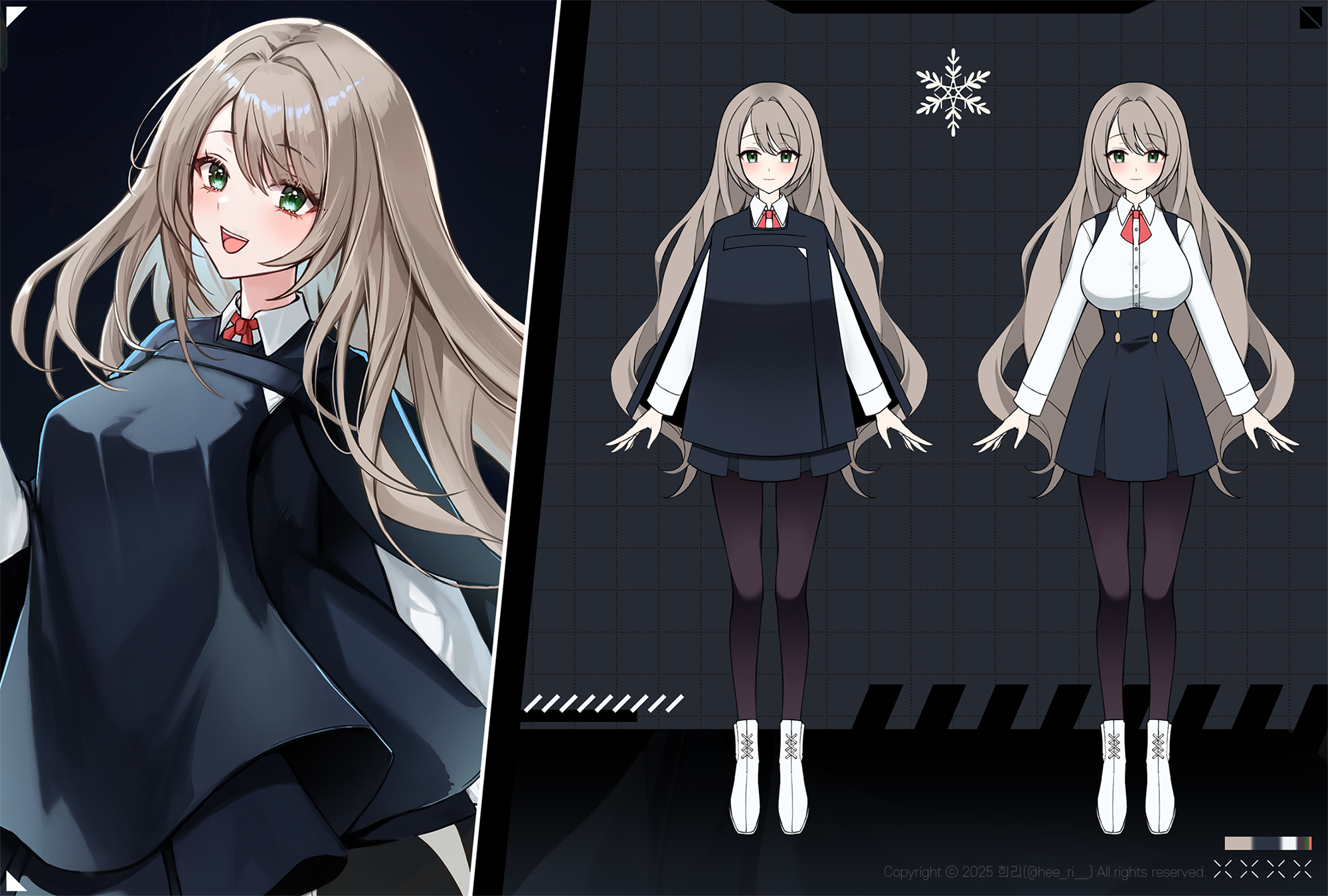 heeri, original, commentary, commission, highres, 1girl, :d, ankle boots, black cloak, black skirt, blonde hair, boots, breasts, brown pantyhose, cloak, collared shirt, copyright notice, full body, green eyes, hand up, large breasts, long hair, long sleeves, looking at viewer, multiple views, open mouth, pantyhose, red ribbon, reference sheet, ribbon, shirt, skirt, smile, solo, standing, twitter username, white boots, white shirt