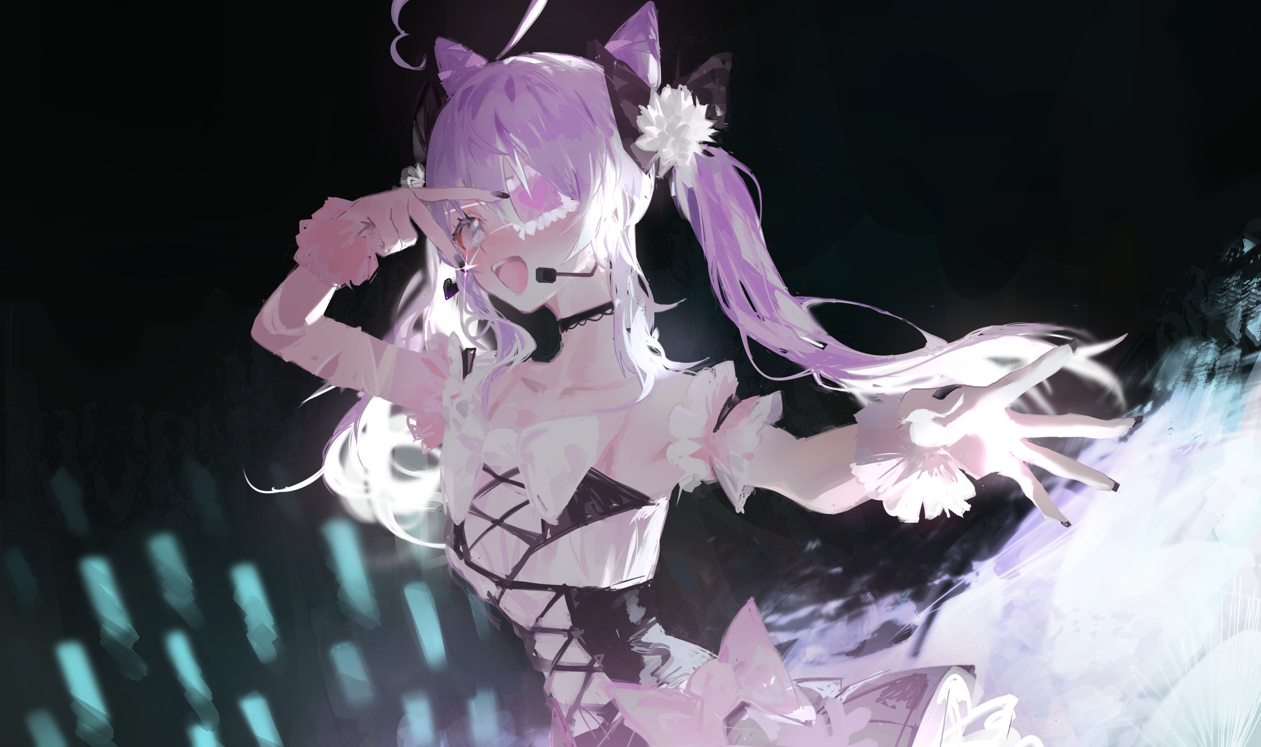 kyoro ina, indie virtual youtuber, absurdres, commentary, english commentary, highres, second-party source, 1girl, ahoge, arm up, bandaged arm, bandages, bare shoulders, black bow, black choker, black nails, black skirt, bow, choker, collarbone, flat chest, frilled cuffs, hair bow, lace-trimmed choker, lace trim, long hair, nail polish, purple hair, rachie (utaite), shirt, skirt, solo, twintails, utaite, v, v over eye, white shirt, wrist cuffs