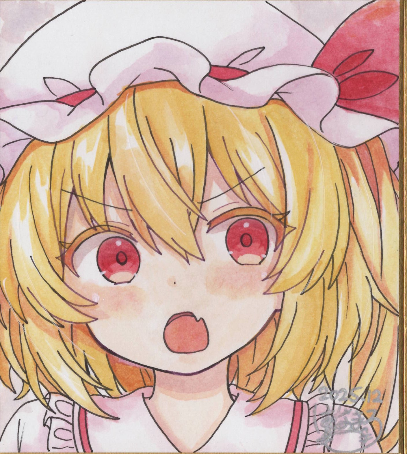 flandre scarlet, touhou, commentary request, highres, traditional media, 1girl, blonde hair, blush, collared shirt, dated, fang, frilled shirt collar, frills, hat, hat ribbon, hoshi tea party, long hair, looking at viewer, mob cap, one side up, open mouth, red eyes, red ribbon, ribbon, shikishi, shirt, signature, skin fang, solo, white hat, white shirt